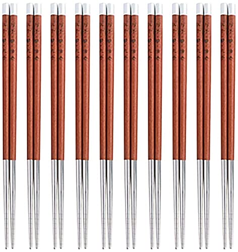 Premium Reusable Metal and Wooden Chopsticks Set - 5 Pairs Food Grade Stainless Steel & Wood Chopsticks for Sushi, Noodles, Rice - Non-Slip, Dishwasher Safe, 25cm/9.2