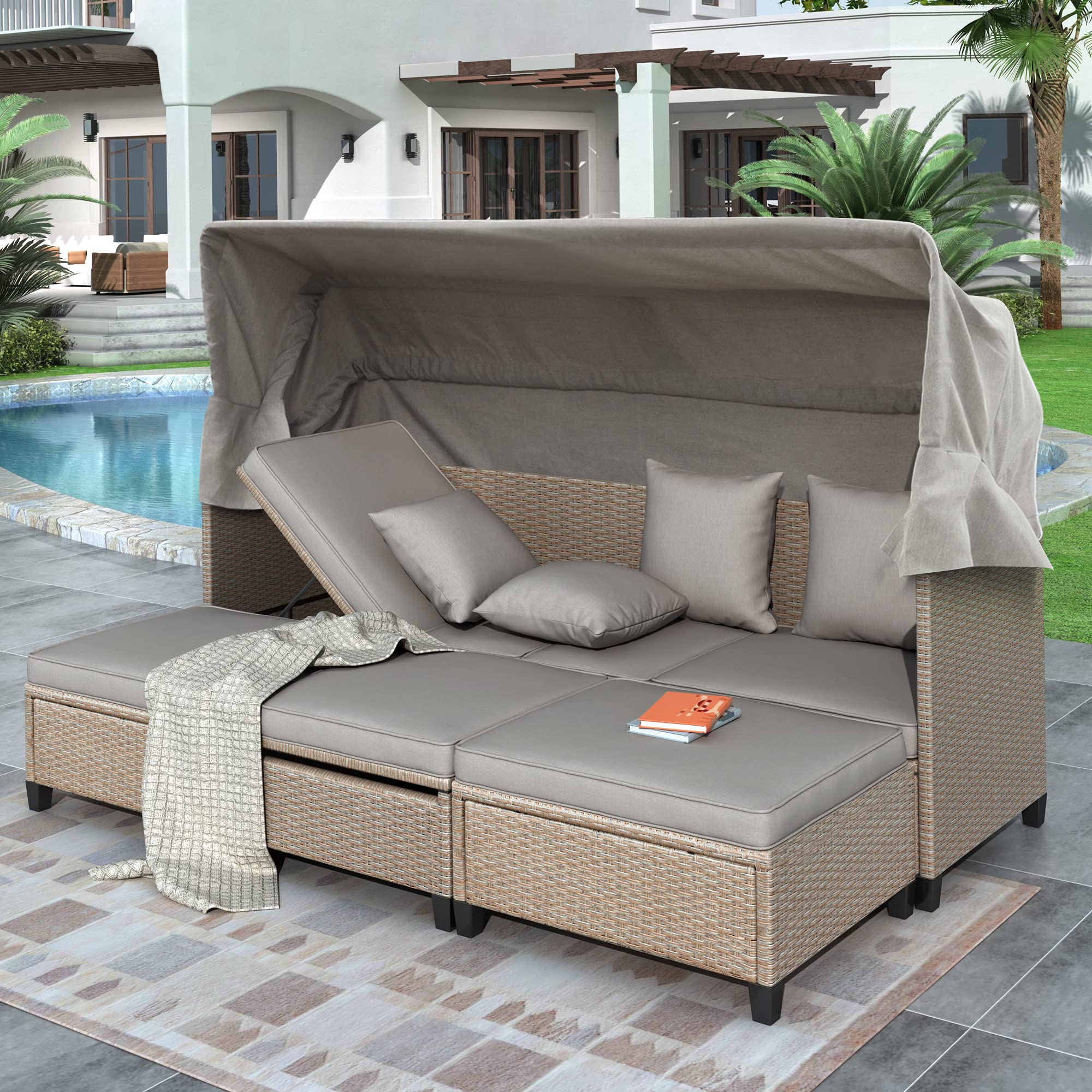 4-Piece Outdoor Patio Furniture Set - UV-Resistant Rattan Sectional Sofa with Retractable Canopy, Cushions & Lift Table - Perfect for Backyard, Poolside & Garden Relaxation (Brown)