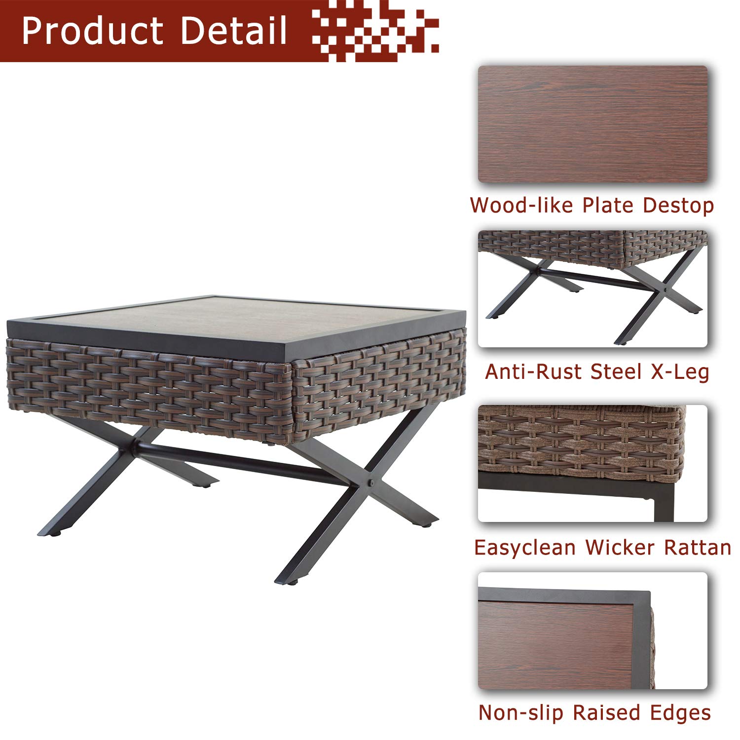 Festival Depot Metal Outdoor Side Coffee Table - Wood Grain Top Wicker Rattan Furniture with X-Shaped Steel Legs - Brown & Black Square Patio Bistro Table for Living Room, Dining Area, Garden & Poolside Relaxation