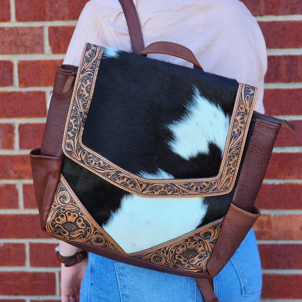 American Darling Genuine Brown Tooled Leather & Cowhide Backpack for Women - Stylish Durable Travel Bag for Work, College & Outdoor Adventures