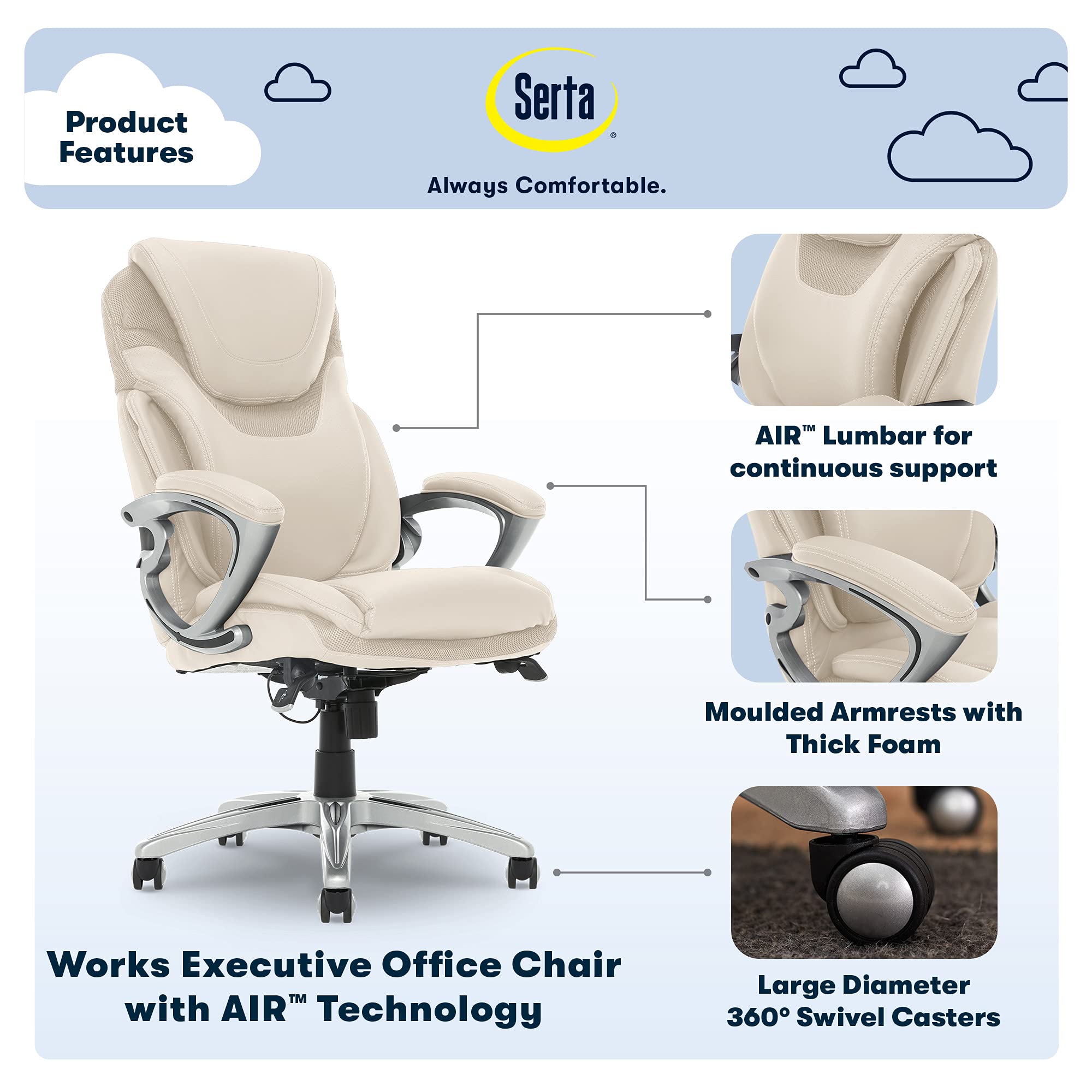 Serta AIR Health and Wellness Executive Office Chair - High Back Ergonomic Desk Chair with Lumbar Support for Big & Tall Users, Bonded Leather Swivel Task Chair in Comfortable Cream | Perfect for Home Office, Gaming Setup, and Professional Workspaces