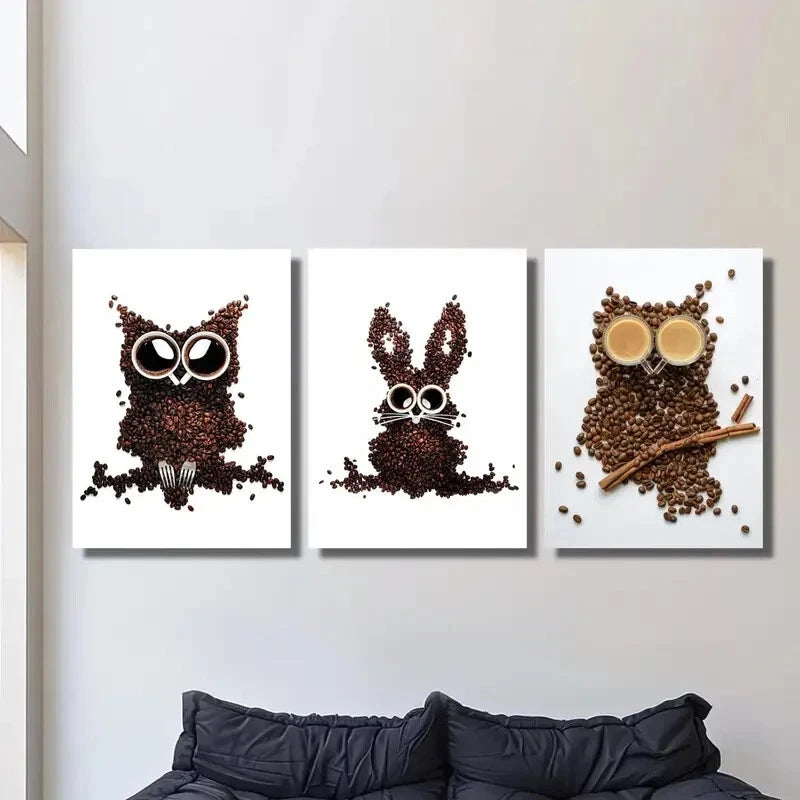 3-Piece Owl, Bunny & Rabbit Coffee Cup Metal Wall Art Prints - Ready to Hang Home Decor for Living Room, Bedroom & Office