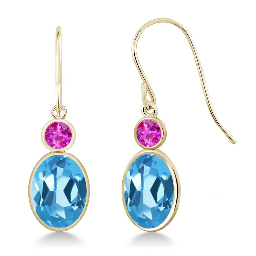3.26 Ct Oval Swiss Blue Topaz & Pink Sapphire 14K Yellow Gold Dangle Earrings for Women - French Hook Fish Wire Design - Perfect for Weddings, Parties & Gift Giving