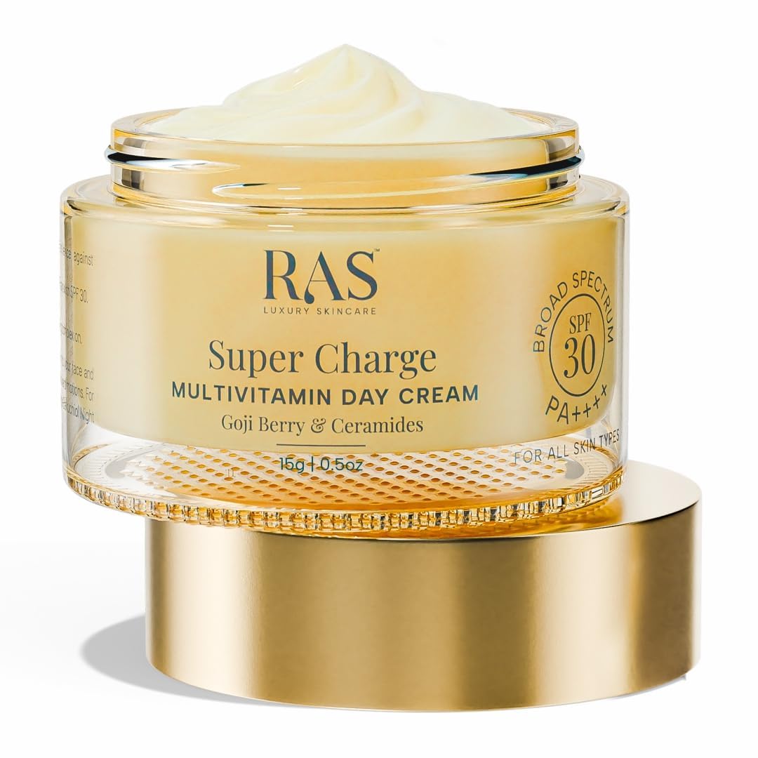 Ras Luxury Oils Super Charge Day Cream with Multivitamin SPF 30 PA++++ | Goji Berry & Ceramides Moisturizer for Glowing Skin | 72HR Hydration & UVA/UVB Protection | Anti-Aging Luxury Skincare | Perfect for Daily Use, Travel & Outdoor Activities