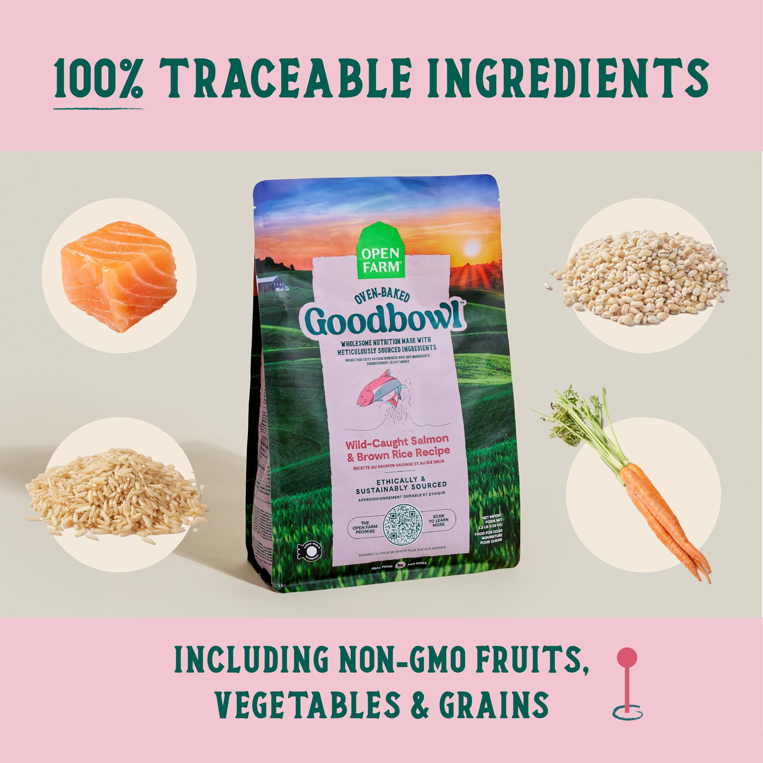 Open Farm Goodbowl Oven-Baked Small Batch Dry Dog Food - Wild Caught Salmon & Brown Rice Recipe with Non-GMO Ingredients, 3.5lb Bag (56oz) - Premium Nutrition for Active Dogs & Puppies at Home or Travel