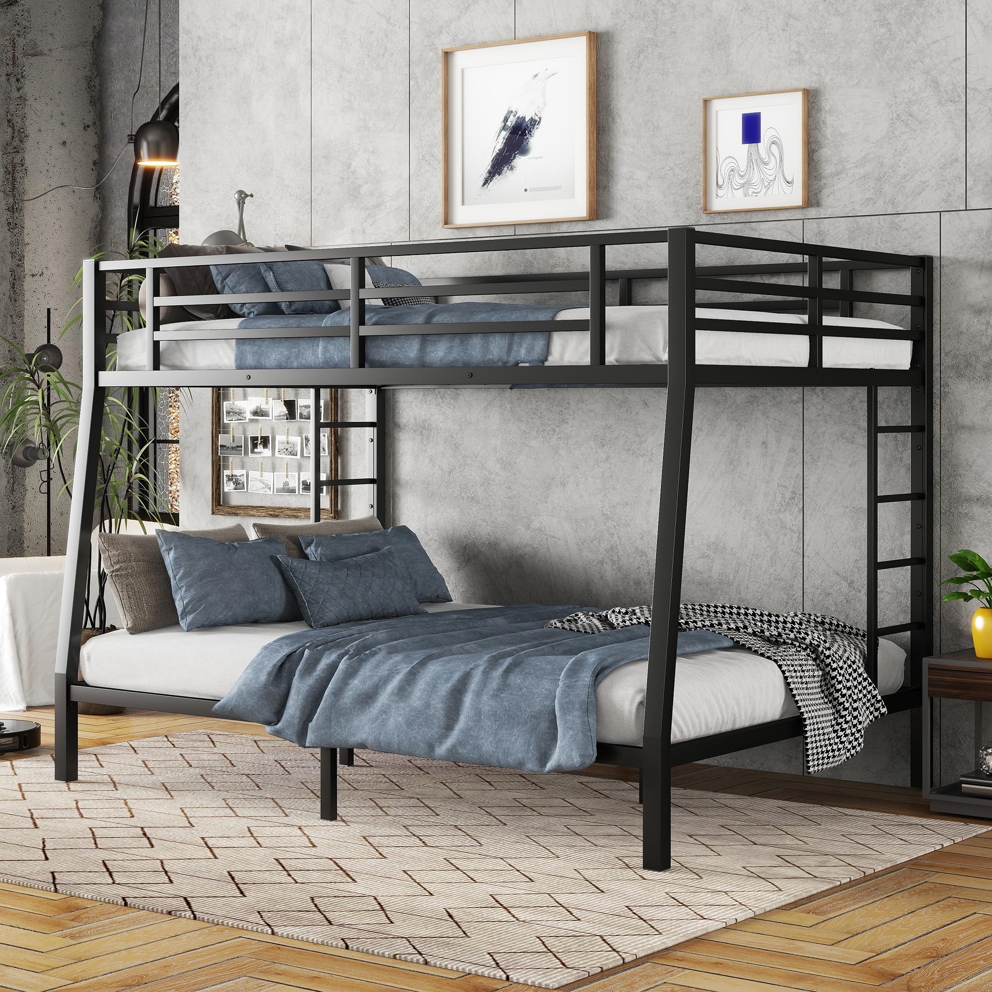 Heavy Duty Metal Full XL Over Queen Bunk Beds for Adults - Sturdy Black Bunk Bed with 2 Ladders, Noise-Free Design - Perfect for Small Spaces, Guest Rooms, Dorms & Vacation Homes
