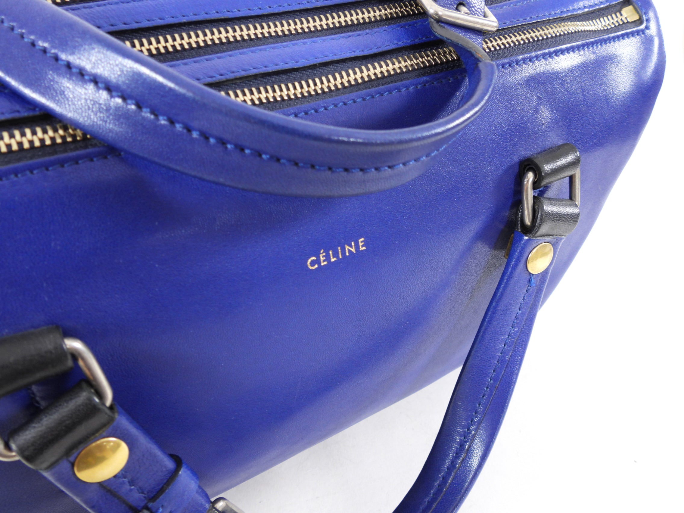 Celine Blue Leather Duffle Bag - Two-Way Carry Handbag for Women | Perfect for Travel, Work & Everyday Use