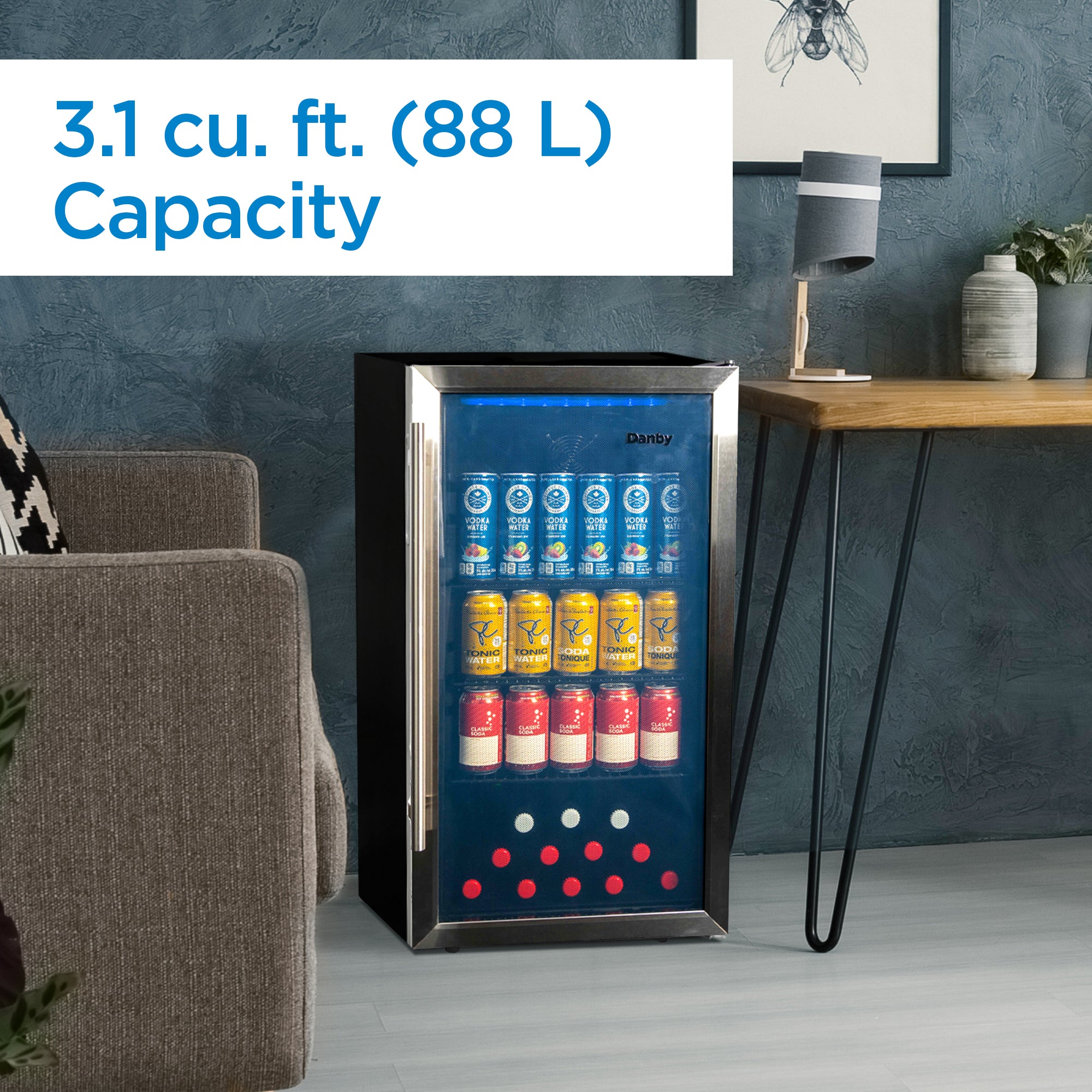 Danby DBC117A2BSSDD 3.1 cu. ft. Stainless Steel Freestanding Beverage Cooler - Perfect for Home Bars, Offices, and Entertaining Spaces