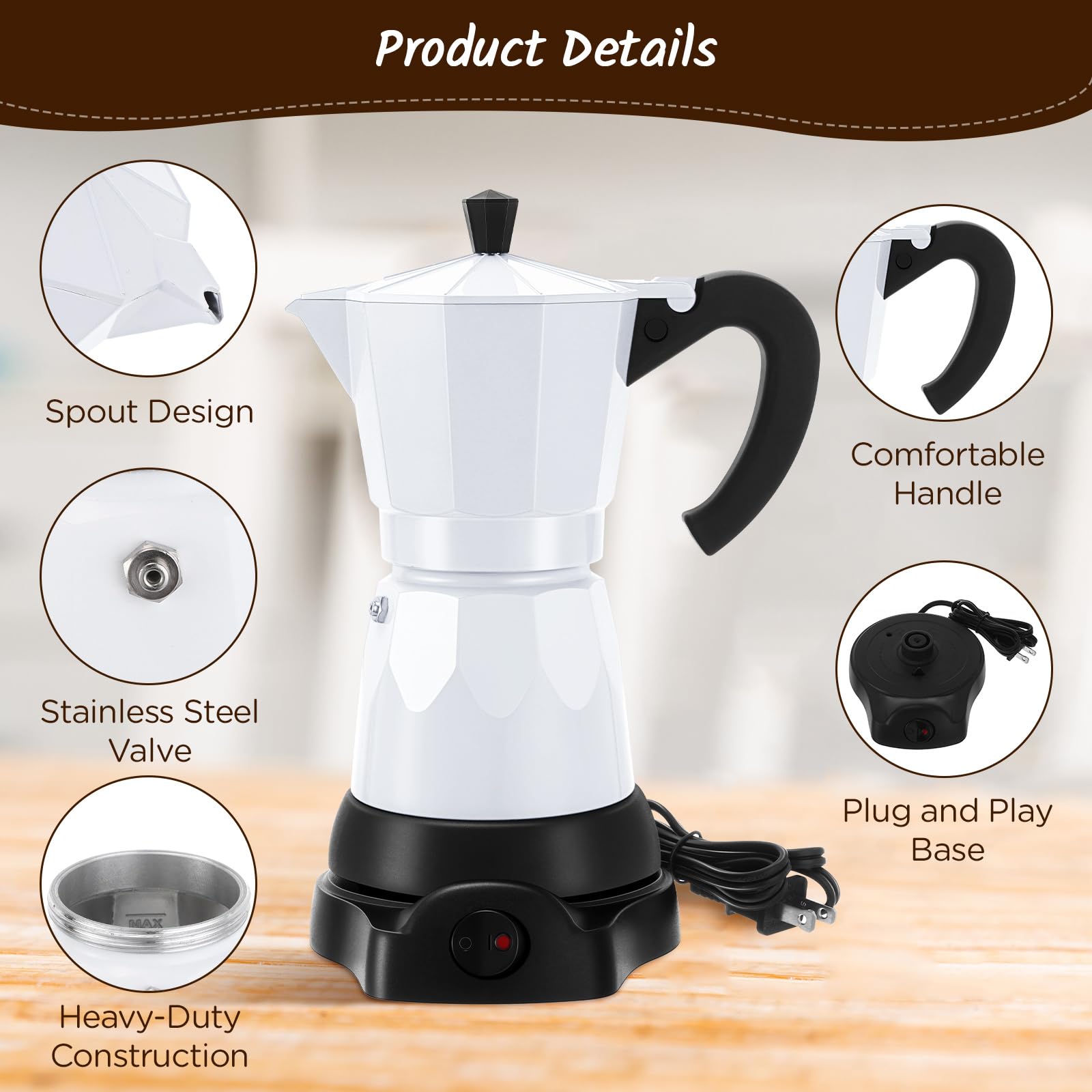 6 Cup Electric Espresso Coffee Maker - Italian Moka Pot 300ml Portable Aluminum Stovetop Coffee Machine with Detachable Base - Perfect for Home, Office & Travel Use (White) - Ideal Gift for Coffee Lovers