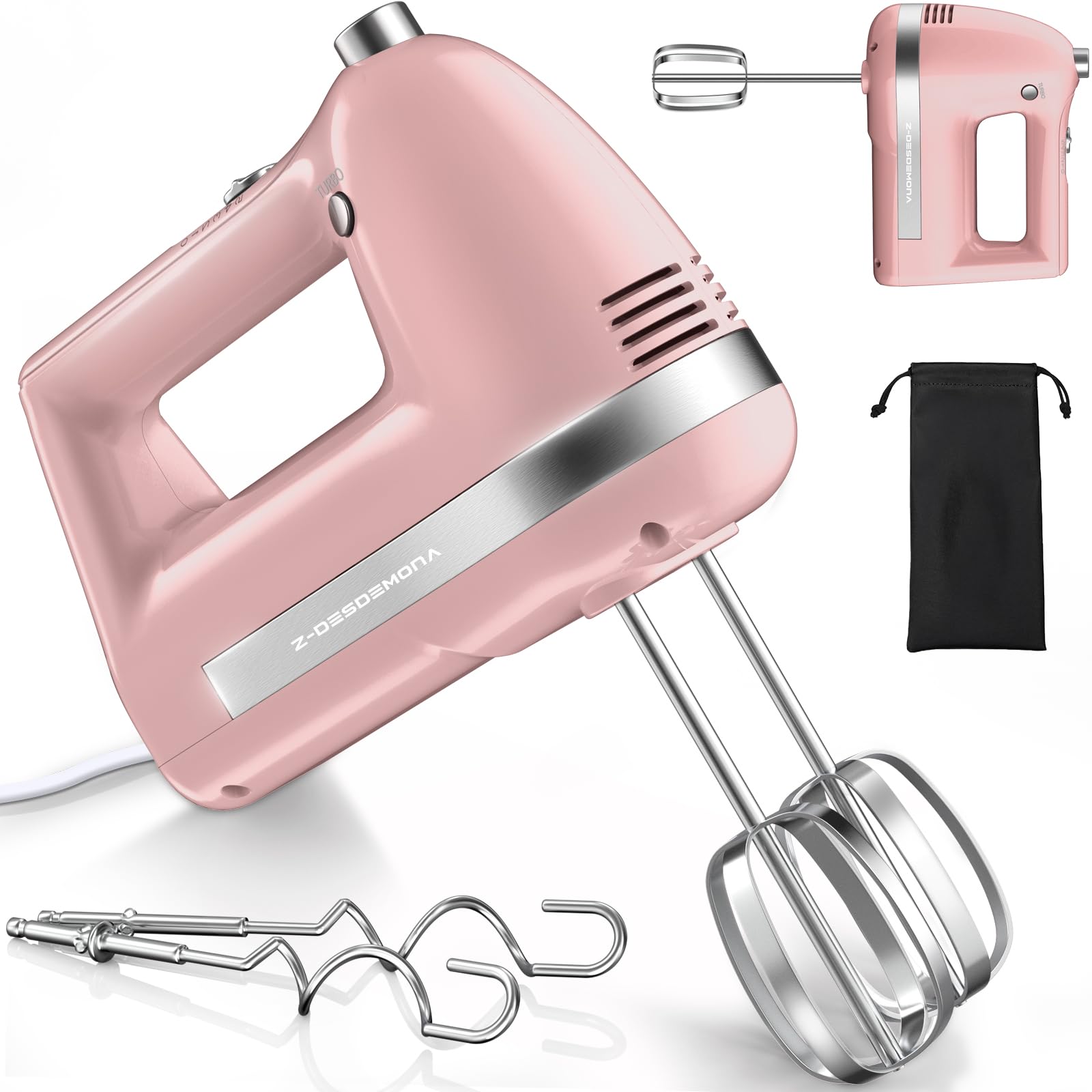 300W Powerful Electric Hand Mixer with 304 Stainless Steel Beaters & Dough Hook - Turbo Speed Handheld Mixer for Baking Cakes, Whipping Cream, Mixing Eggs - Perfect for Home Kitchen, Professional Baking & Dessert Making (Pink)