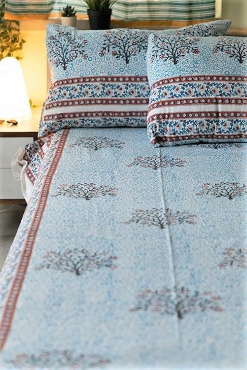 Blue Bloom Handblock Printed Cotton Bedsheet - Premium 100% Cotton Queen Size Bed Sheet Set with Traditional Indian Block Print - Perfect for Boho Bedroom Decor, Guest Room & Cozy Home Styling