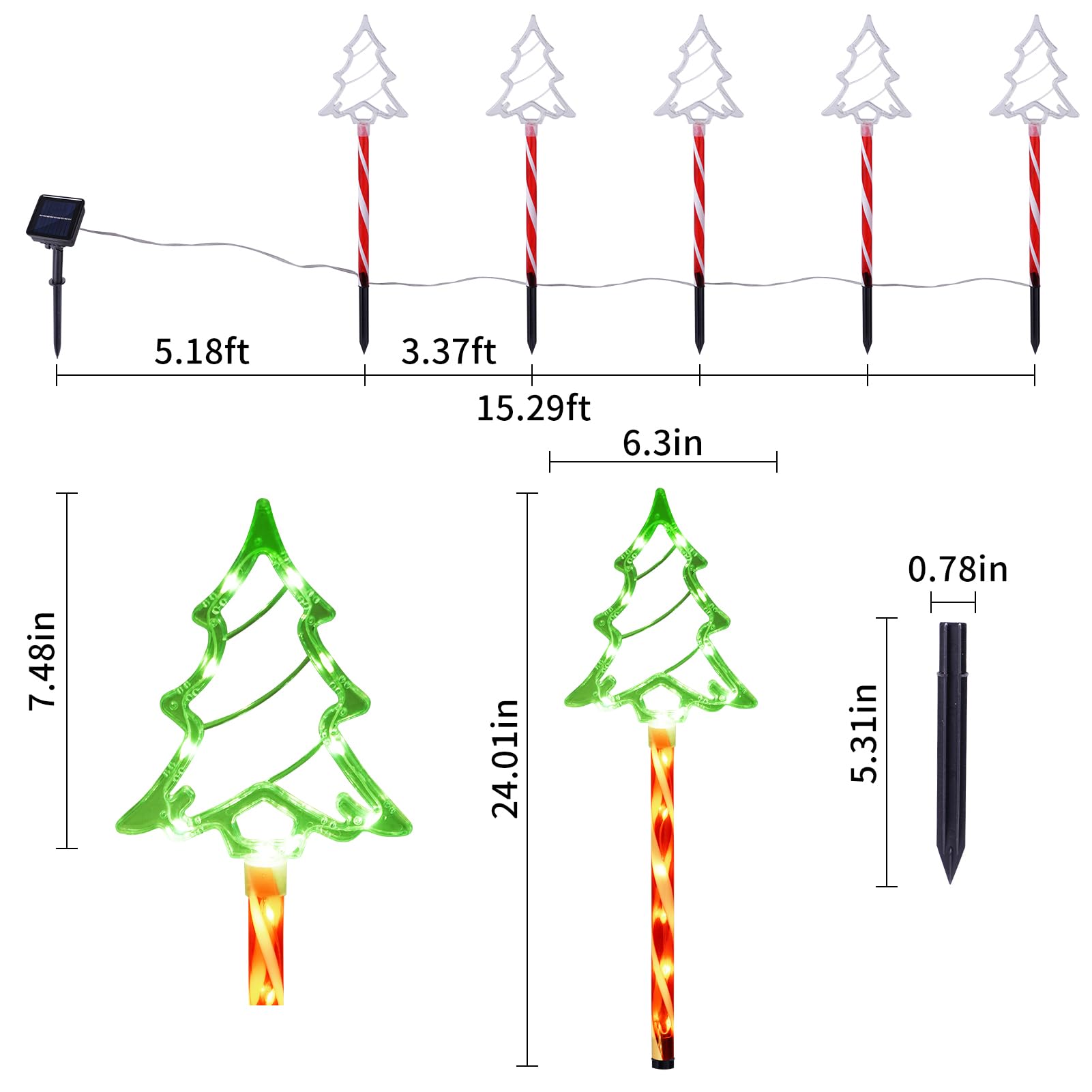 Solar Christmas Pathway Lights Outdoor Decorations - 8 Modes Waterproof LED Garden Stake Lights for Walkway, Yard, Lawn & Porch | Holiday Decor (5-Pack) | Perfect for Xmas Tree, Candy Cane Displays & Winter Garden Illumination