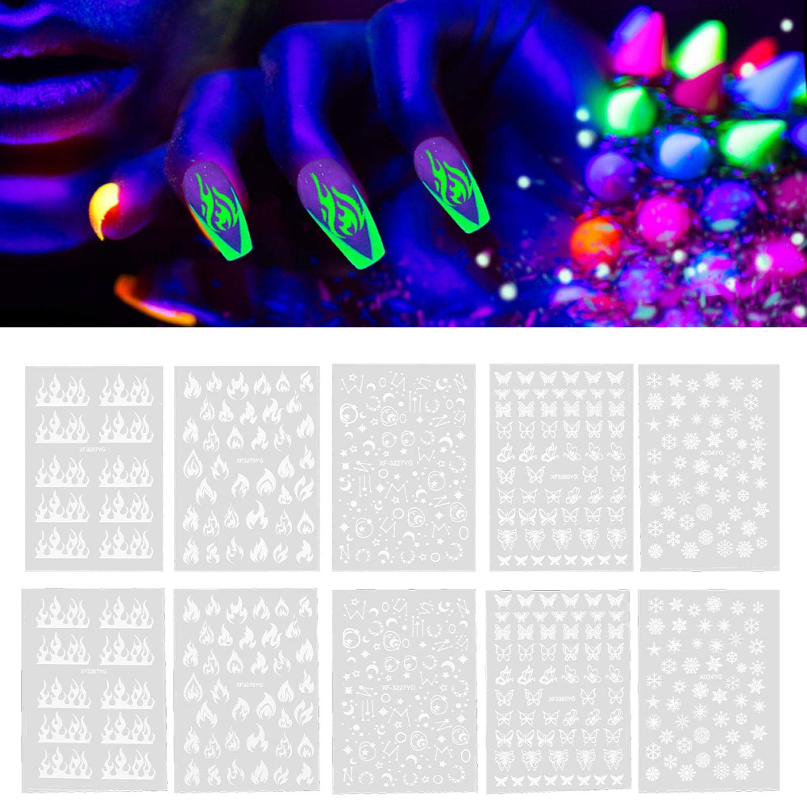 10 Pcs Glow in The Dark Nail Stickers - Luminous DIY Nail Art Decals with Glitter, Constellation, Butterfly & Snowflake Patterns for Halloween, Carnival & Nail Salon | Perfect for Party, Night Out & Special Occasions
