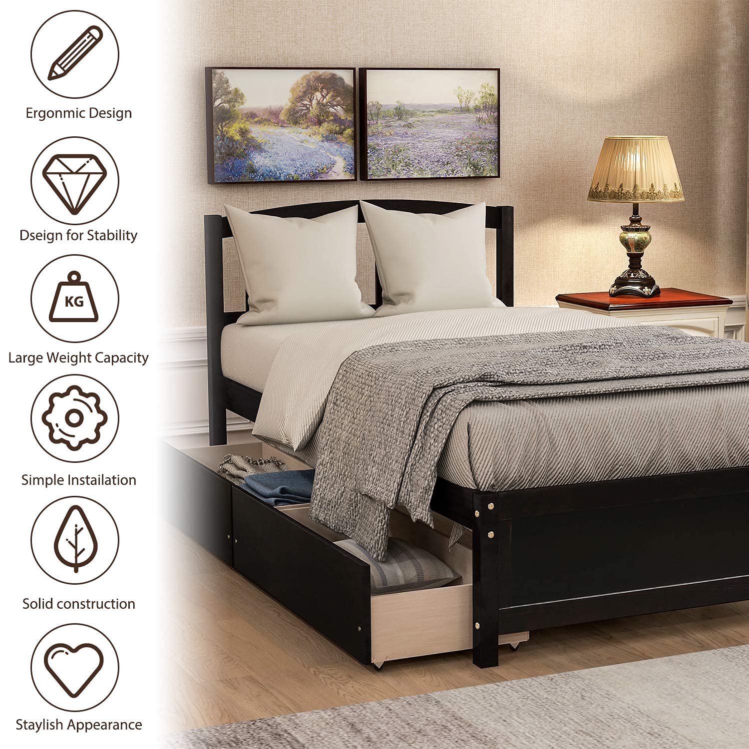 Harper & Bright Designs Twin Storage Bed Frame with 2 Drawers & Headboard - Wood Platform Bed in Espresso Finish - Perfect for Kids Rooms, Guest Bedrooms & Small Spaces