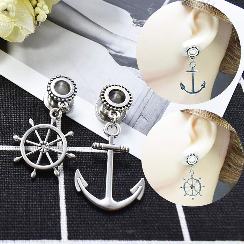 6-30mm Stainless Steel Anchor Dangle Flesh Tunnel Ear Gauges - Body Jewelry Plugs for Ear Stretching & Piercing - Perfect for Goth, Punk & Alternative Fashion Styles
