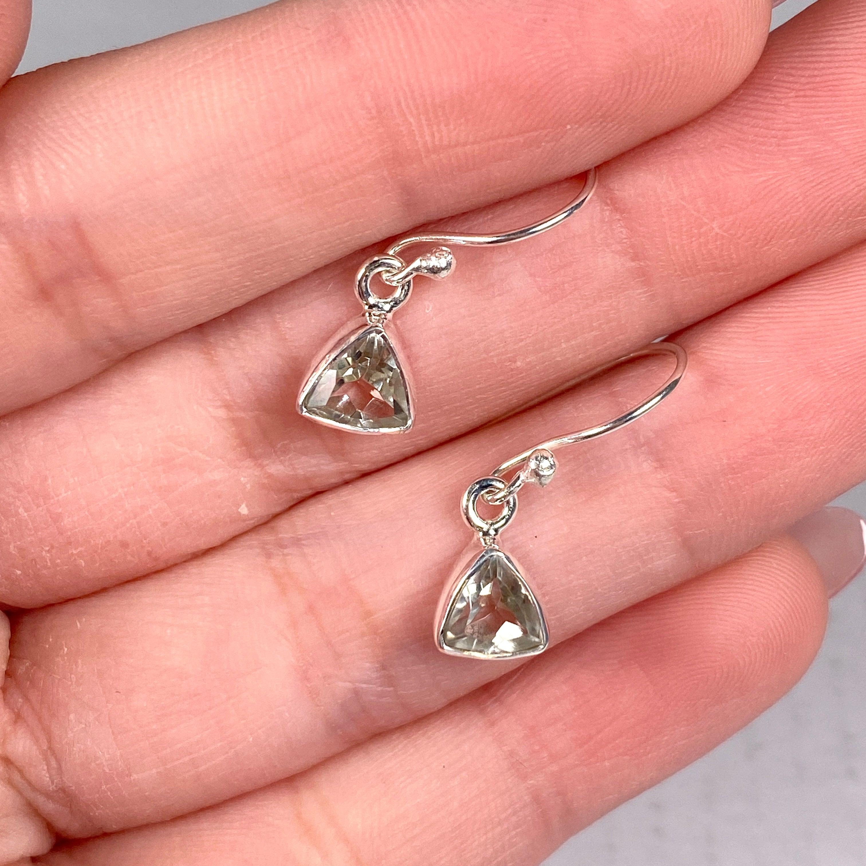 Prasiolite Petite Triangular Faceted Earrings R2363 PRT - Elegant Green Gemstone Jewelry for Women, Perfect for Parties & Special Occasions