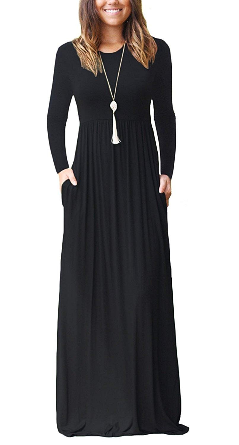 MISFAY Women's Long Sleeve Maxi Dress - Loose Fit Casual Plain Long Dress with Pockets | Perfect for Everyday Wear, Beach Cover Up & Vacation Outfits