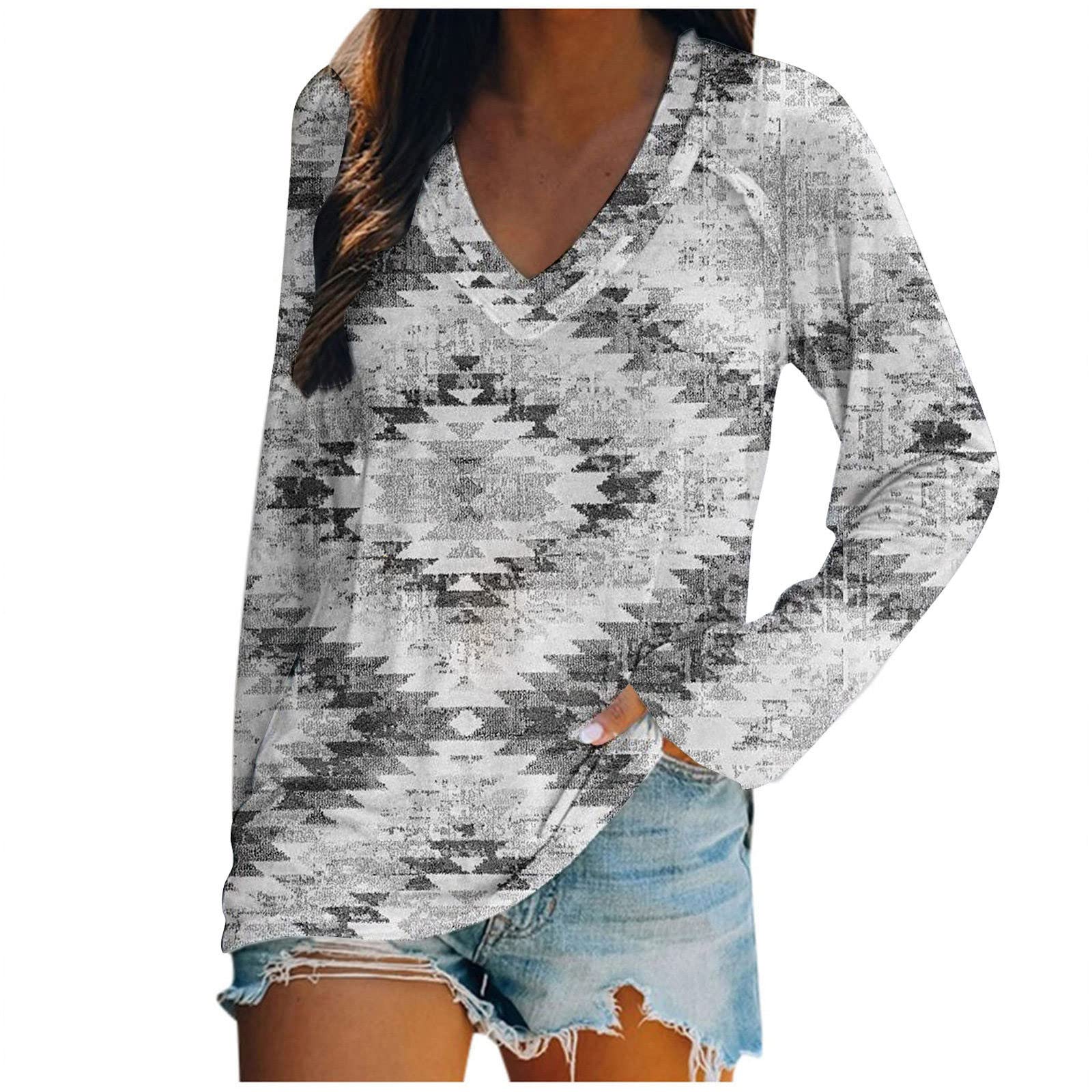 Women's Southwestern Print V-Neck Long Sleeve T-Shirt | Plus Size Casual Vintage Tee | Workout, Going Out & Everyday Wear