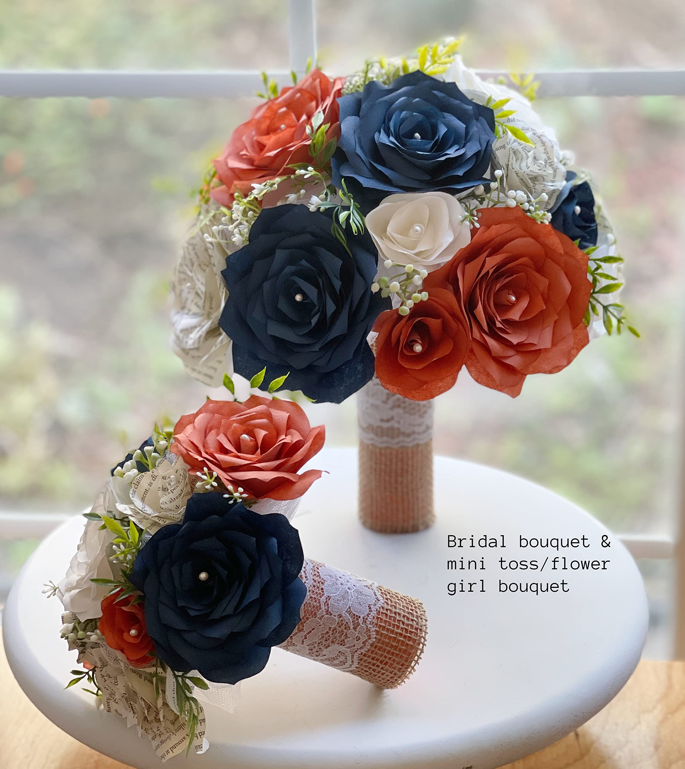 Burnt Orange Navy Blue White Paper Flower Bridal Bouquet - Handmade with Filter & Book Page Flowers for Wedding, Bridal Shower, Photo Props