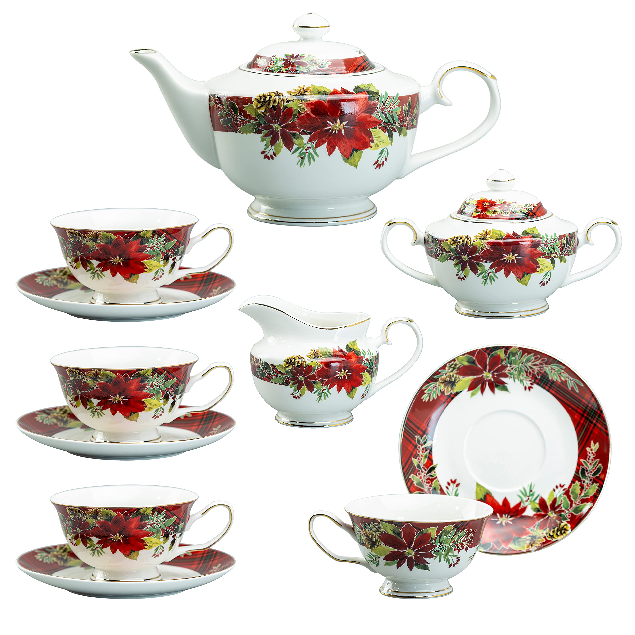 11-Piece Poinsettia Holly Plaid Tea Set in Red - Perfect for Christmas Decorations, Holiday Parties & Cozy Afternoon Tea
