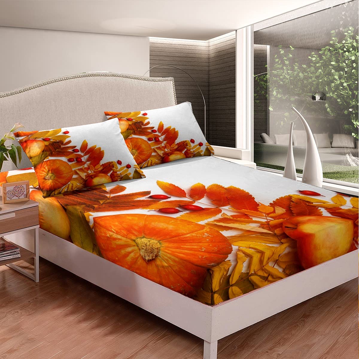 **Halloween Pumpkin Bed Sheet Set - Full Size Halloween Bedding with Autumn Leaves & Fruits - Cozy Fall Harvest Theme for Kids, Boys, Girls & Adults - Includes Fitted Sheet, Flat Sheet & 2 Pillowcases - Perfect for Halloween Decor, Seasonal Bedroom Refresh & Spooky Sleepovers**