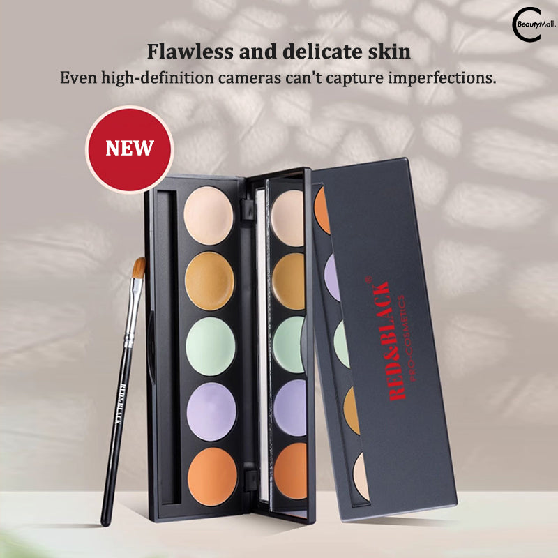 Red & Black 5-Color Concealer Palette - Full Coverage Makeup for Dark Circles, Blemishes & Contouring - Perfect for Everyday Use & Professional Makeup Artists