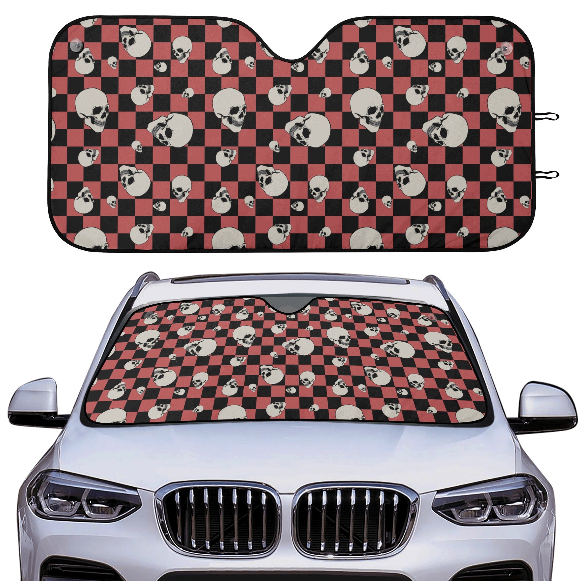 Skull Checkered Pattern Car Windshield Sun Shade - UV Protection & Heat Blocking for Cars, Trucks, SUVs - Perfect for Summer Parking & Vehicle Interior Protection