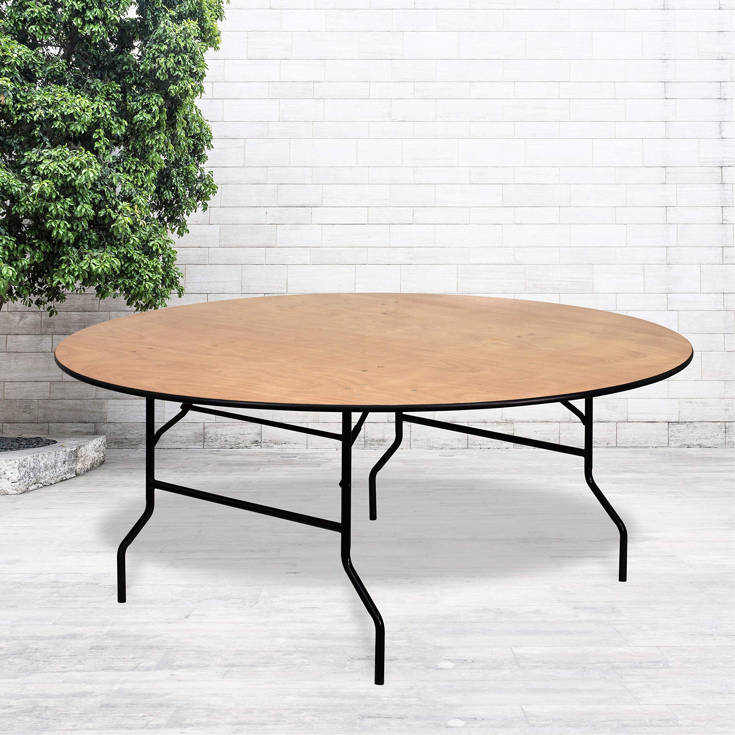 Flash Furniture Furman 6-Foot Round Wood Folding Table - Portable Banquet & Event Table with Wooden Top, Natural/Black - Perfect for Parties, Weddings, Picnics & Indoor/Outdoor Events