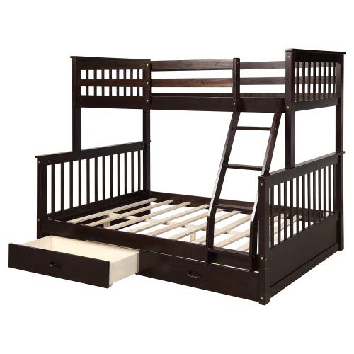 Twin Over Full Bunk Bed with Removable Ladder & 2 Storage Drawers - Solid Wood Loft Bed for Kids & Teens (Espresso) - Perfect for Small Bedrooms, Guest Rooms & Vacation Homes