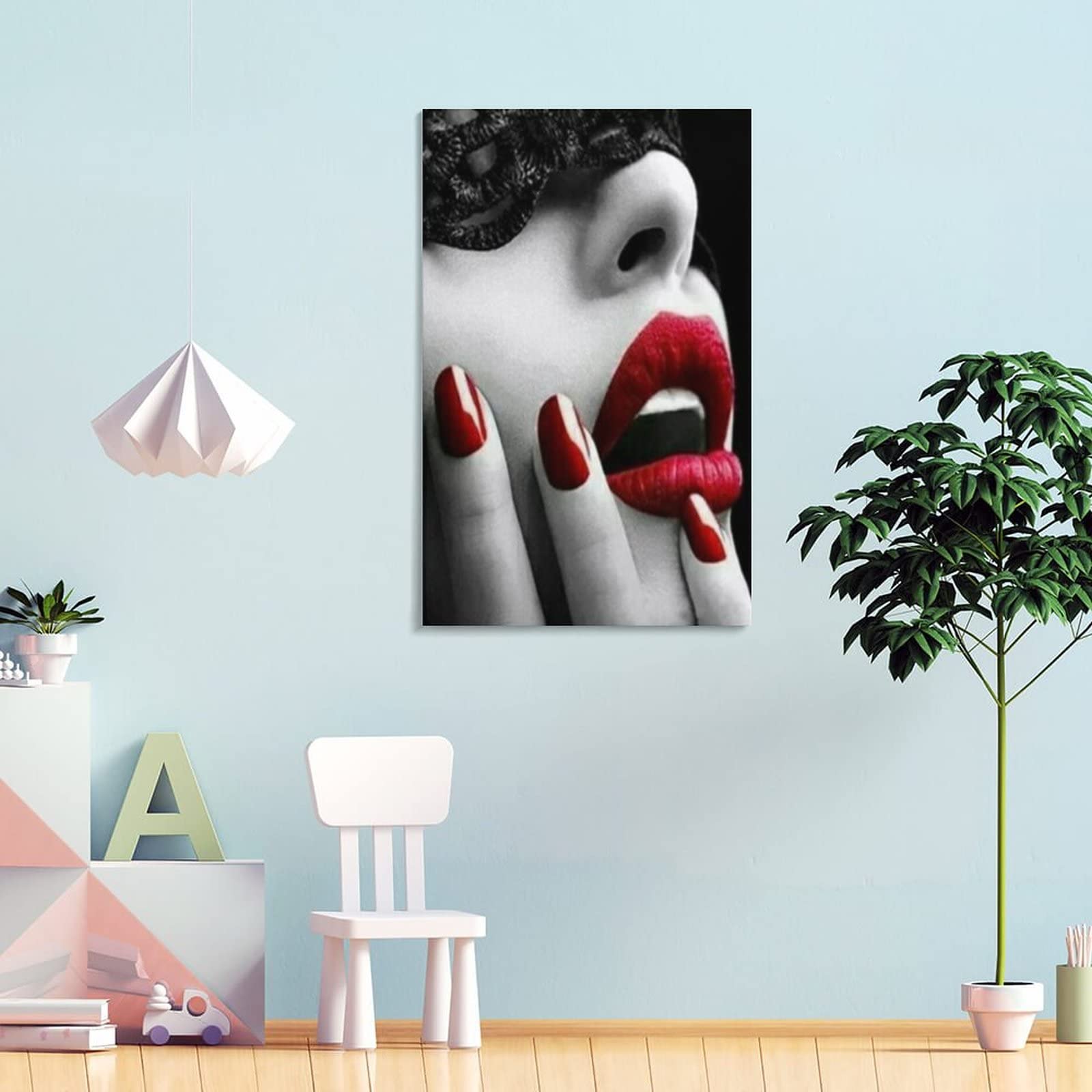 Red Lips Black and White Canvas Wall Art Set - 3 Piece Modern Fashion Poster for Bedroom, Bathroom & Living Room Decor - 24x36 Inch Framed Painting - Perfect for Women's Home, Apartment & Office Wall Decoration