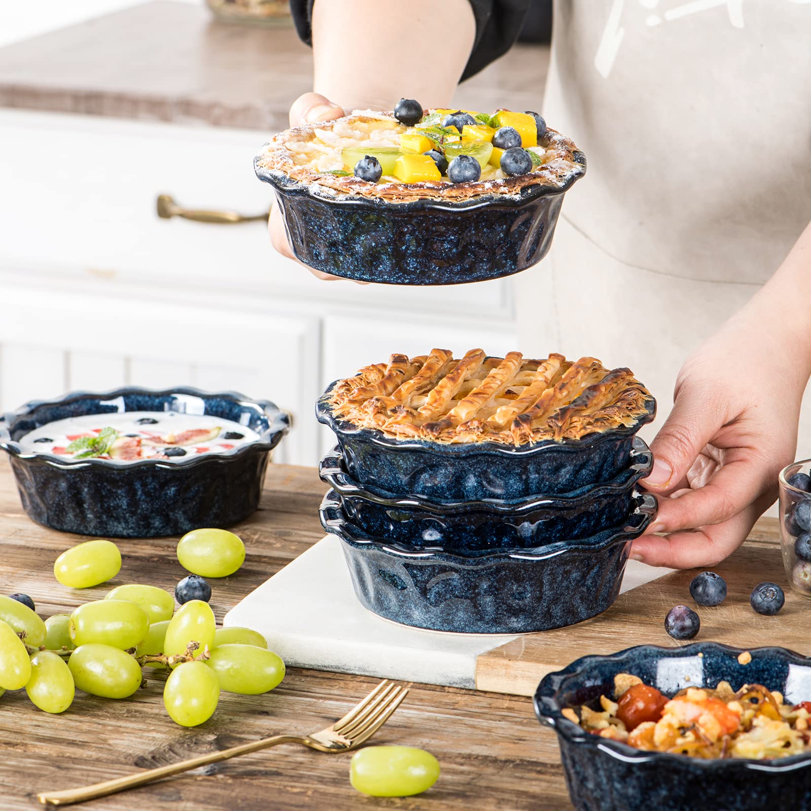 Vicrays 5.5 Inch Ceramic Pie Pan Set of 6 - Deep Dish Round Baking Dish for Apple Pie, Cake, Tart, Pizza - Microwave & Oven Safe Mini Serving Bowls - Perfect for Desserts, Pot Pies & Casseroles - Blue