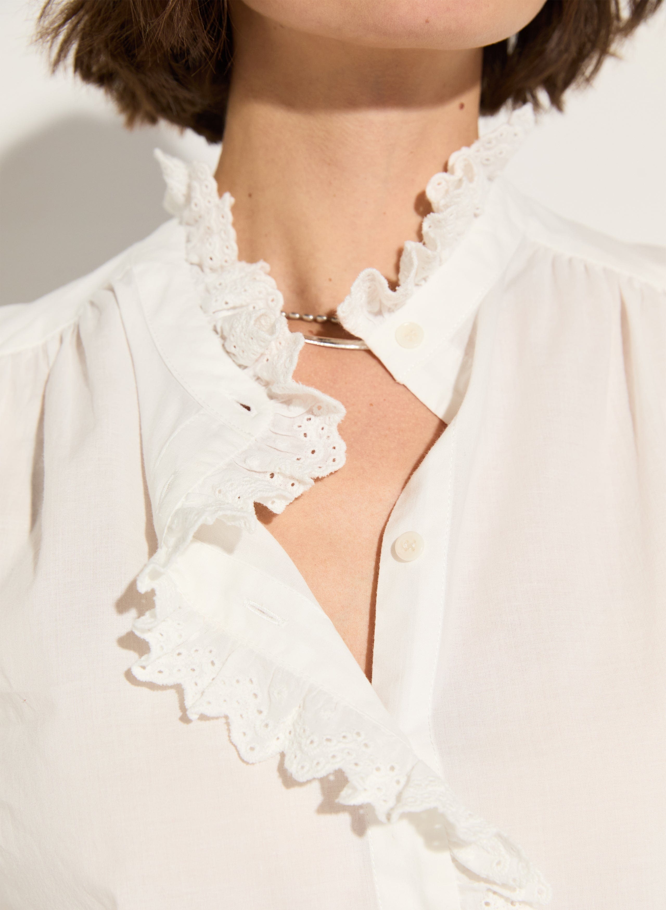 Milla Organic Cotton Broderie Detail Blouse - Soft White Women's Top | Eco-Friendly Embroidered Shirt for Casual Wear, Office & Date Night