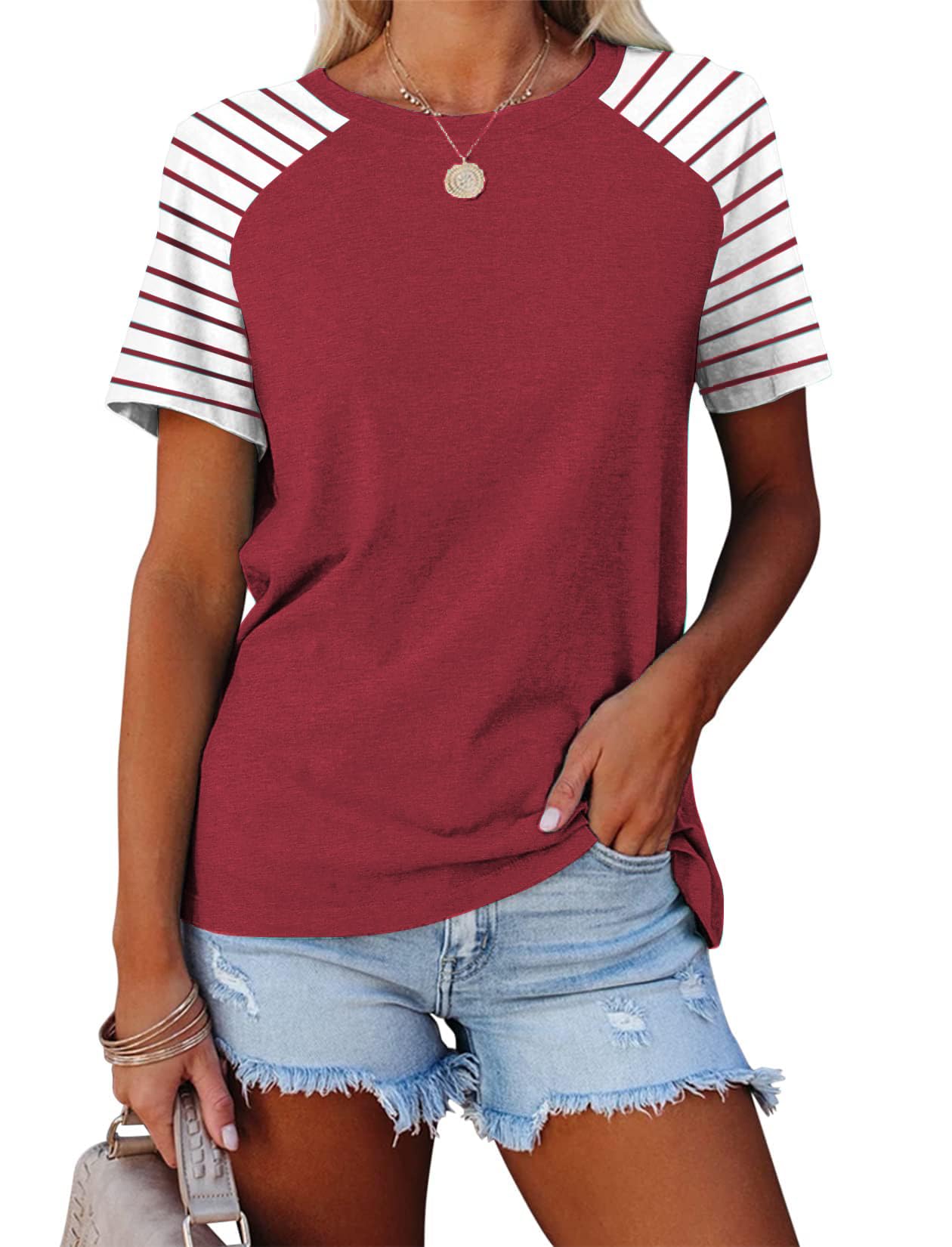 Women's Summer Short Sleeve Striped Raglan T-Shirts - Casual Comfort Top for Beach, Travel & Everyday Wear