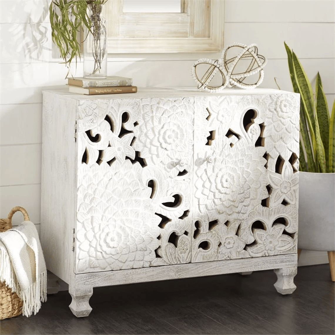 Hand Carved Lotus Wooden Storage Cabinet - White | Elegant Home Decor for Living Room, Bedroom & Entryway Organization