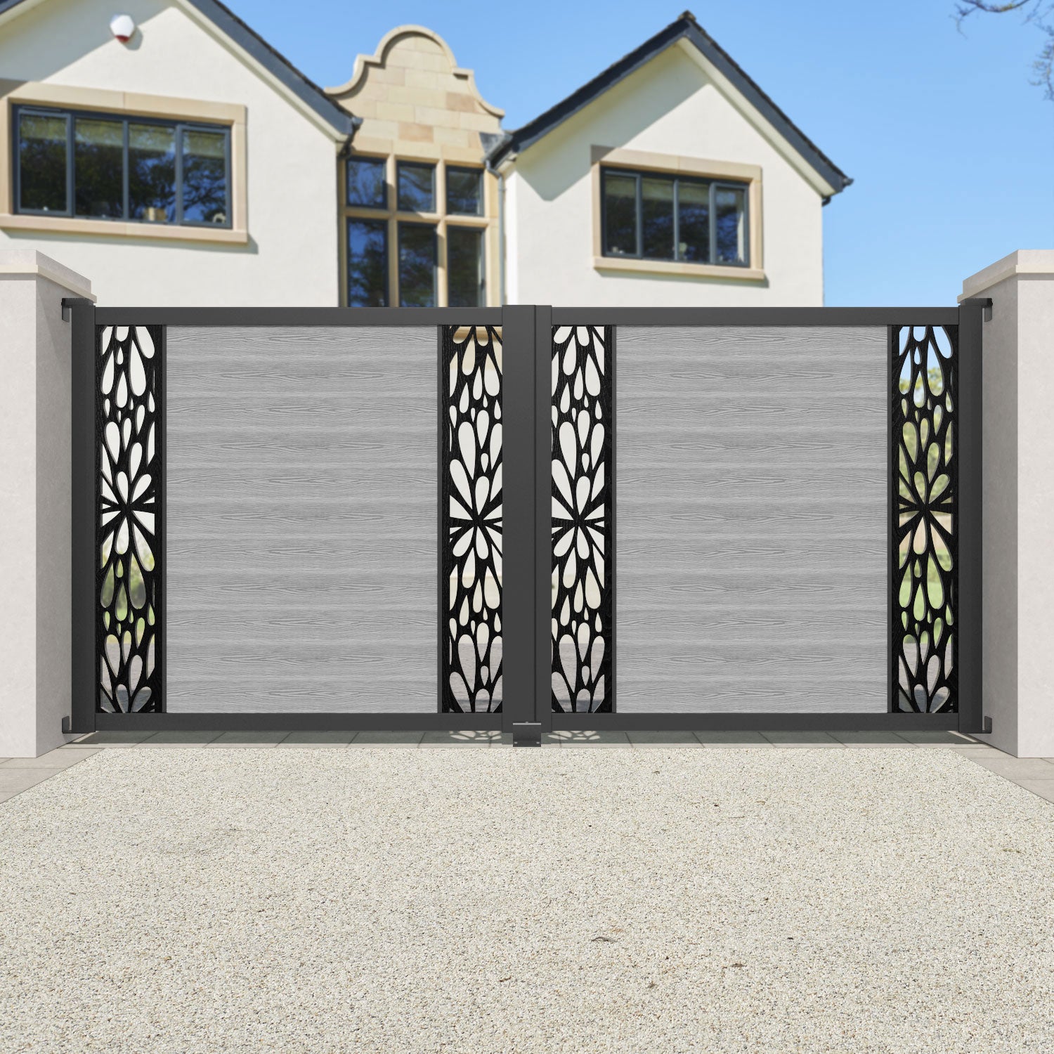 Classic Blossom Straight Top Driveway Gate - Light Grey Finish with Middle & End Screens | Durable & Stylish Entryway Solution for Homes, Gardens & Commercial Properties