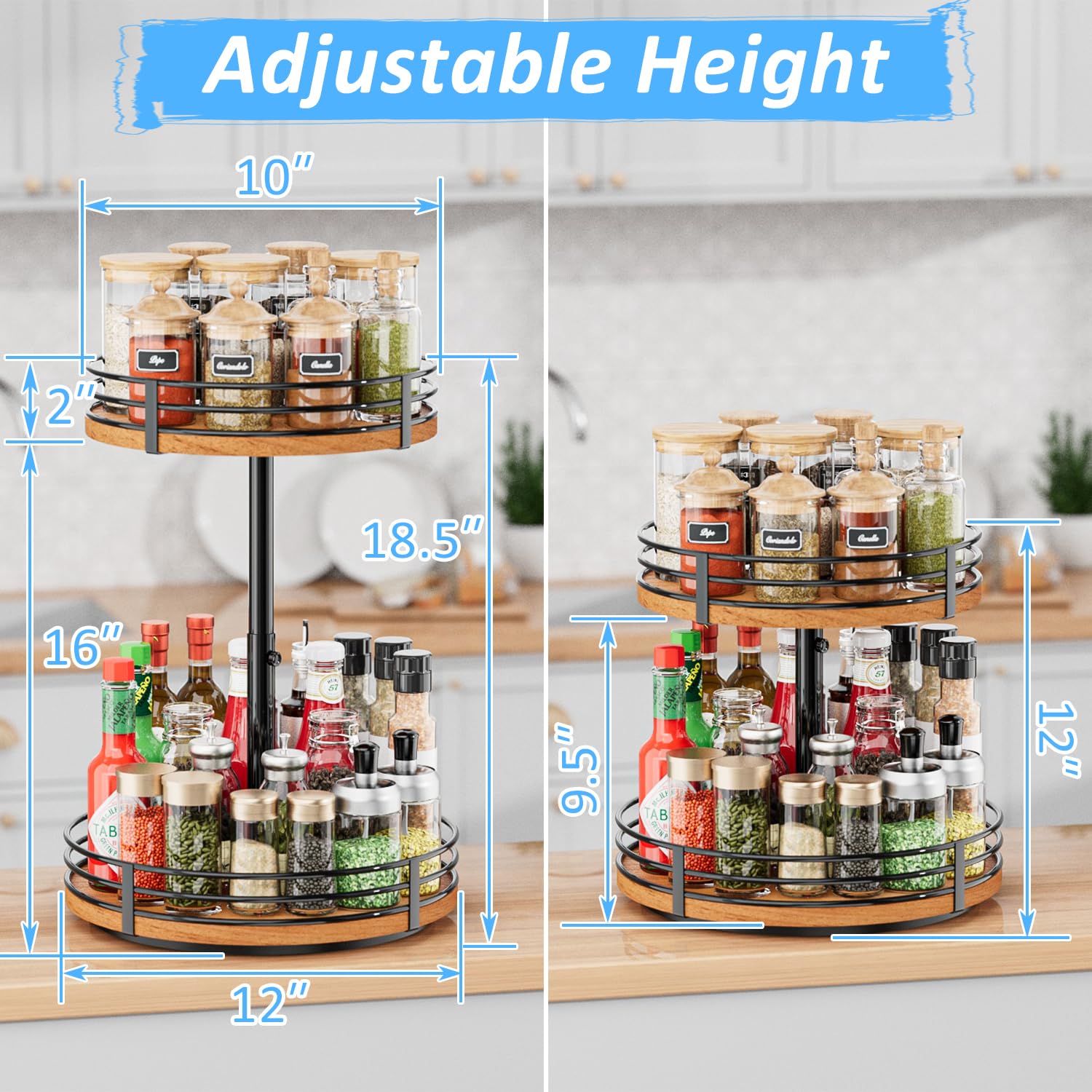 OVICAR 2-Tier Wooden Lazy Susan Turntable Organizer - 12 Inch Adjustable Rotating Spice Rack for Kitchen Countertop, Cabinet, Pantry, Coffee Bar & Bathroom Storage | Perfect for Organizing Spices, Makeup, or Office Supplies