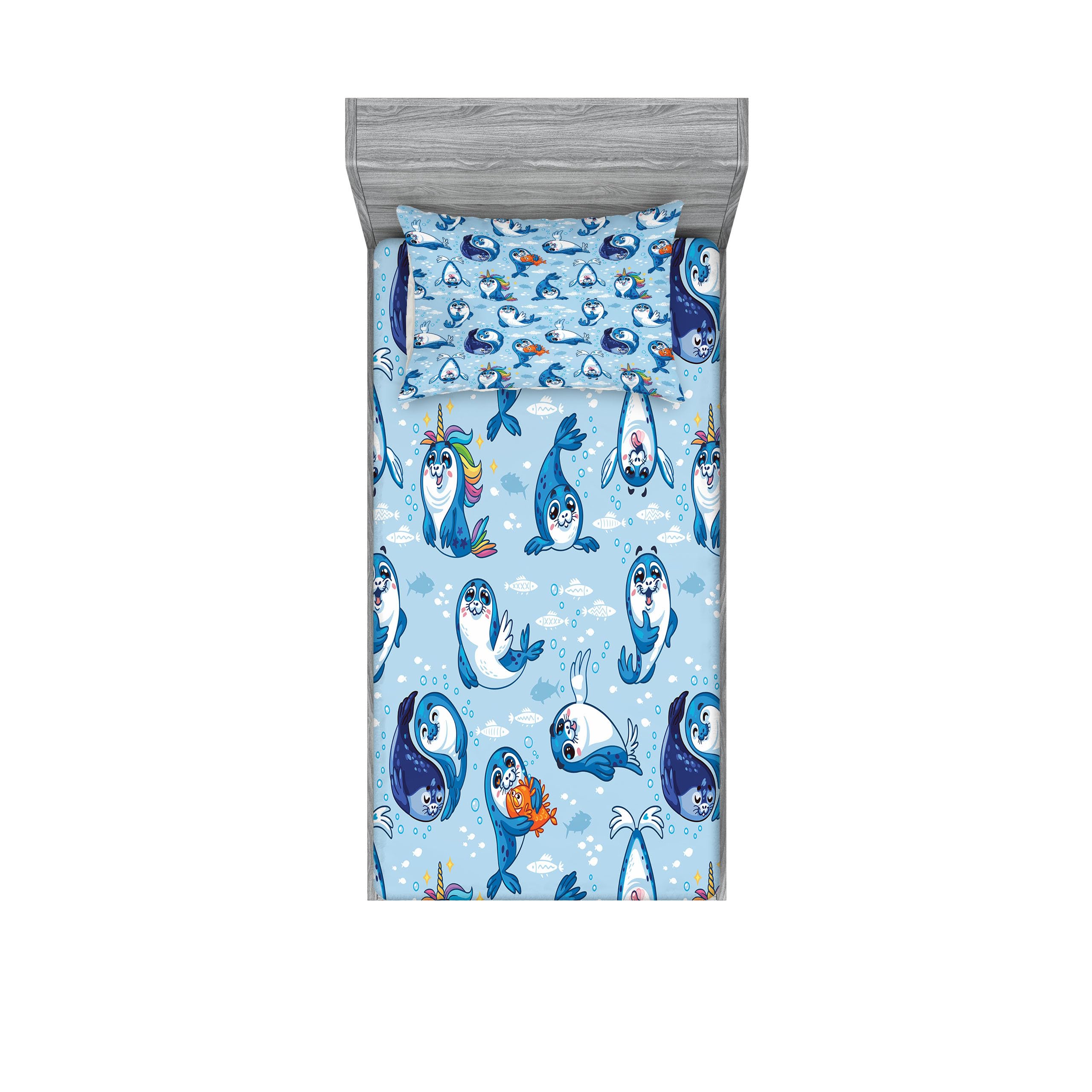 Ambesonne Sea Animals Fitted Sheet & Pillow Sham Set - Seal Pup Aquatic Wildlife Design with Hugging Water Bubbles, Decorative Printed 2-Piece Twin Bedding Set in Blue White Marigold | Perfect for Kids' Rooms, Beach Themed Decor, and Ocean Lovers' Bedrooms