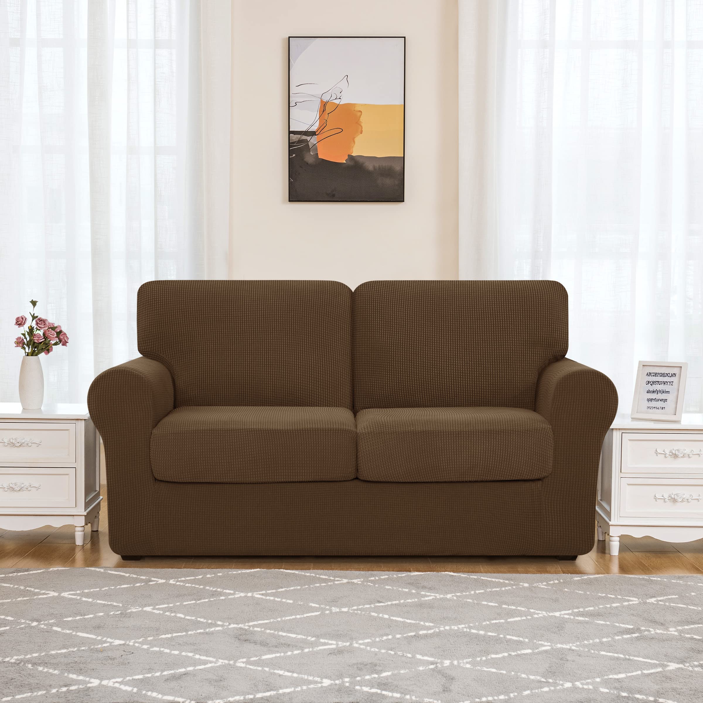 SUBRTEX 5-Piece Loveseat Cover & 7-Piece Sofa Cover Set - Stretchable Couch Slipcovers with Separate Backrest & Cushion Covers for Living Room (Medium/Large, Coffee) - Perfect for Home Decor, Furniture Protection & Pet-Friendly Use