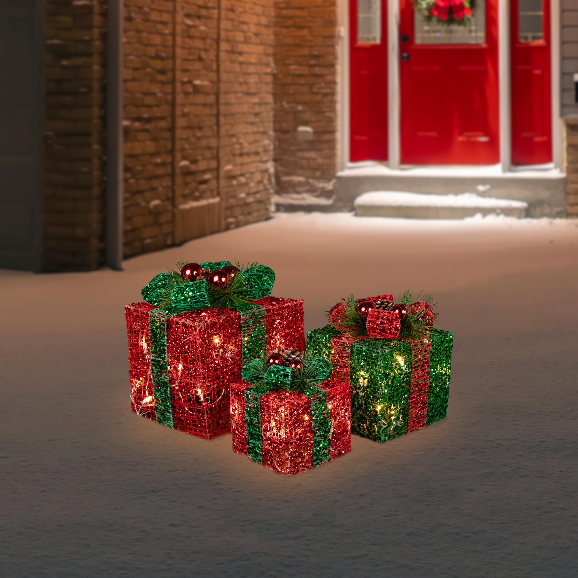 3 Pack LED Lighted Red and Green Glitter Christmas Gift Boxes - Holiday Home Decor, Outdoor Xmas Tree Ornaments, Party Favors & Festive Table Centerpieces