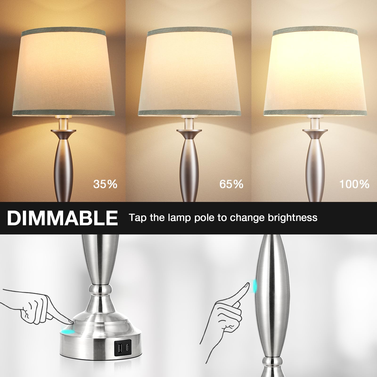Touch Lamps for Bedroom Set of 2 - USB C+A Charging Bedside Lamps, 3-Way Dimmable Nightstand Lamps with LED Bulbs for Living Room & Bedroom - Perfect for Reading, Relaxing & Charging Devices
