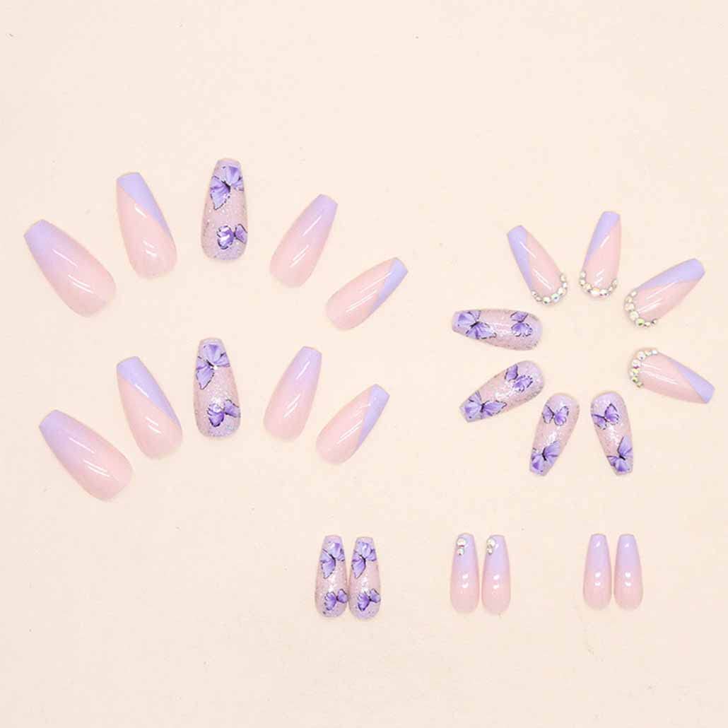 24PCS Purple Glitter Acrylic Press-On Nails with Rhinestone & Butterfly Design - Long Fake Nails for Women & Girls, Full Cover Artificial Nails with Sequins - Perfect for Parties, Weddings, and Special Occasions