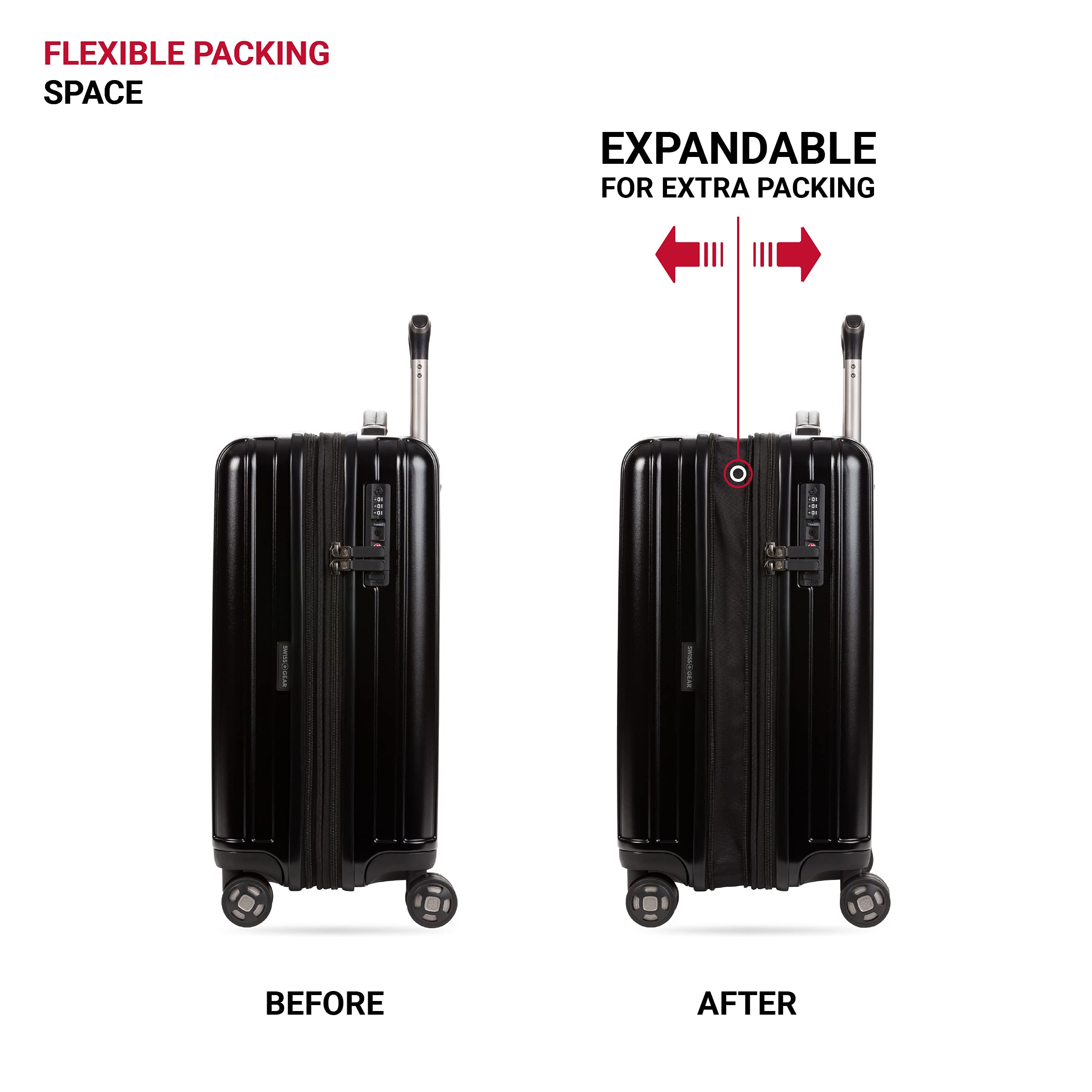 SwissGear 7910 Expandable Hardside Carry-On Luggage 20-Inch with 360° Spinner Wheels, TSA Lock & USB Charging Port - Black - Perfect for Business Travel & Weekend Getaways