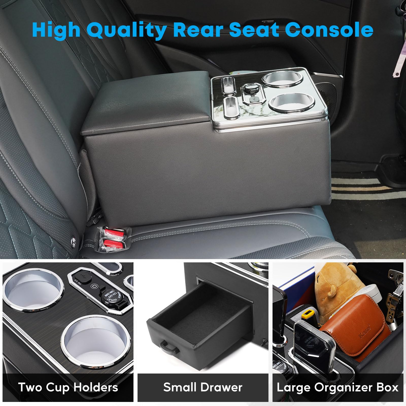 Universal Car Bench Seat Center Console Organizer with Fast Wireless Charging & 7-Color Adjustable LED Lights - Black | Perfect for Road Trips, Camping & SUV Organization