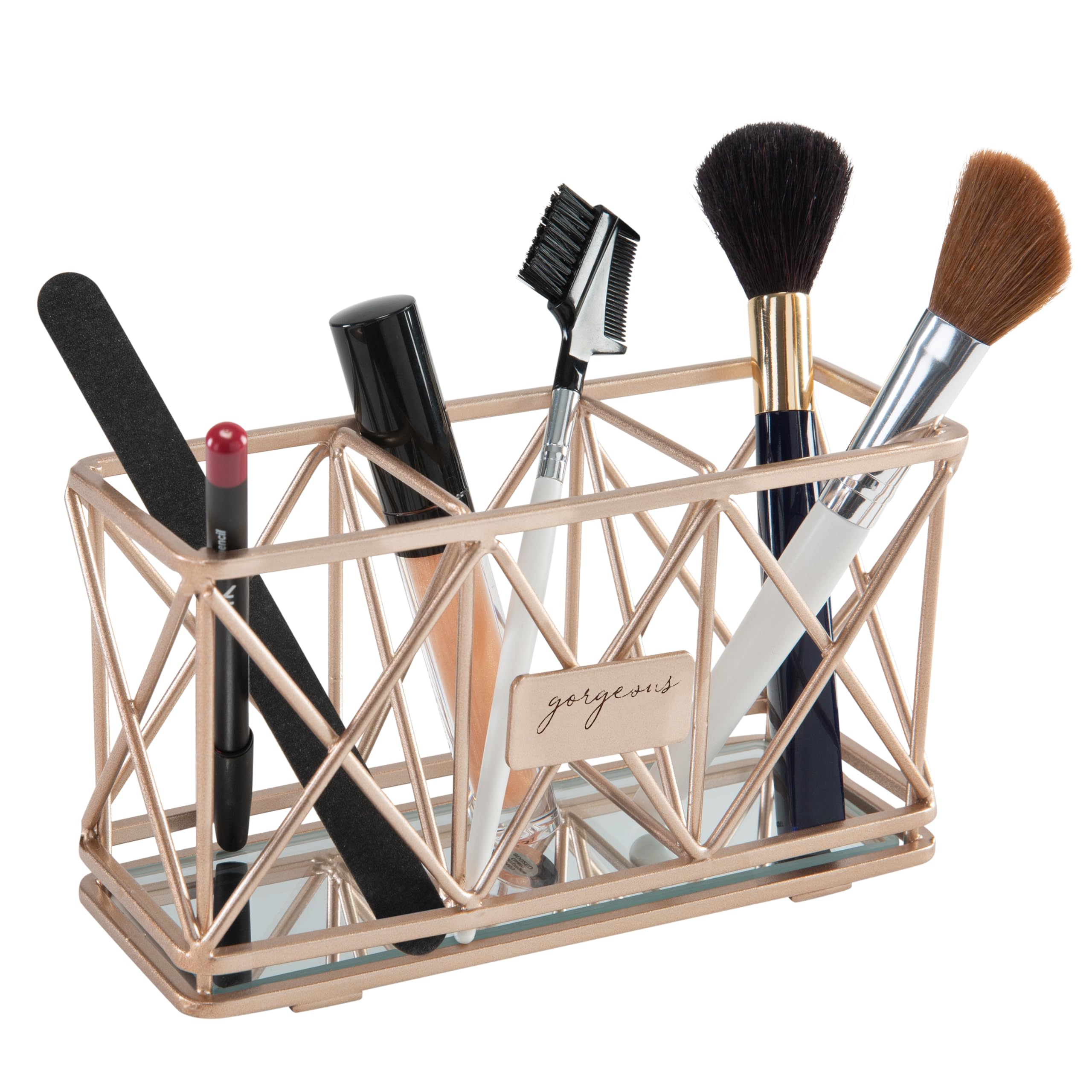 3 Compartment Cosmetic Brush Holder - Rose Gold Makeup Organizer for Vanity, Bathroom & Office | Pencil & Brush Storage | Dresser & Mirror Base Organizer | Perfect for Makeup Artists & Beauty Enthusiasts