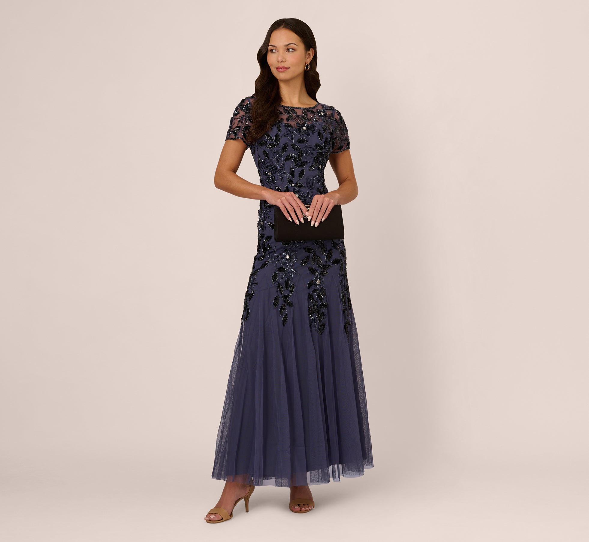 Hand Beaded Short Sleeve Floral Godet Gown In Smoky Peri - Elegant Women's Party Dress for Weddings, Evening Events & Special Occasions