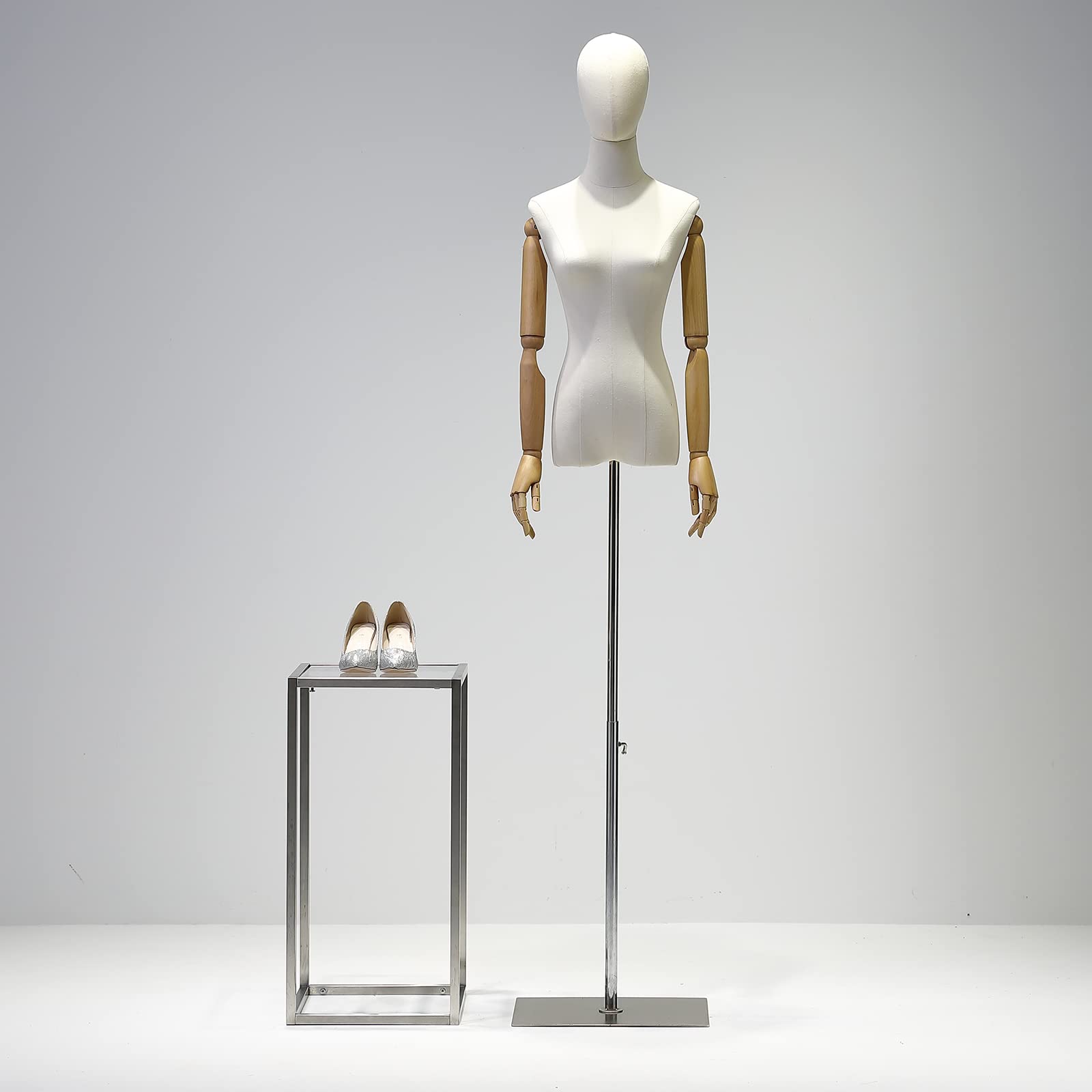 Adjustable Female Mannequin Torso with Detachable Head & Wooden Hands - Silver Height-Adjustable Stand for Dress, Jewelry & Boutique Display - Perfect for Fashion Shows, Retail Stores & Photography Studios