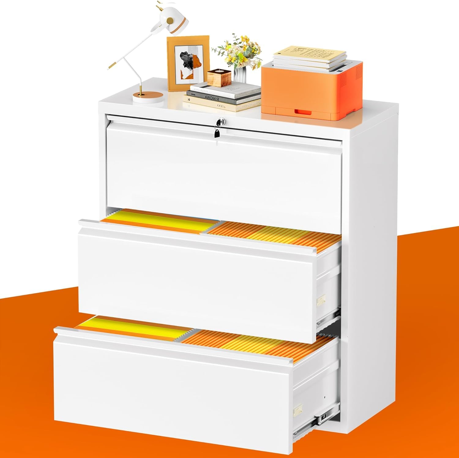 INTERGREAT White 3-Drawer Lateral File Cabinet with Lock - Legal/Letter/A4 Size Metal Steel Office Filing Cabinet for Home & Business Use | Perfect for Document Storage, Office Organization & Secure File Keeping