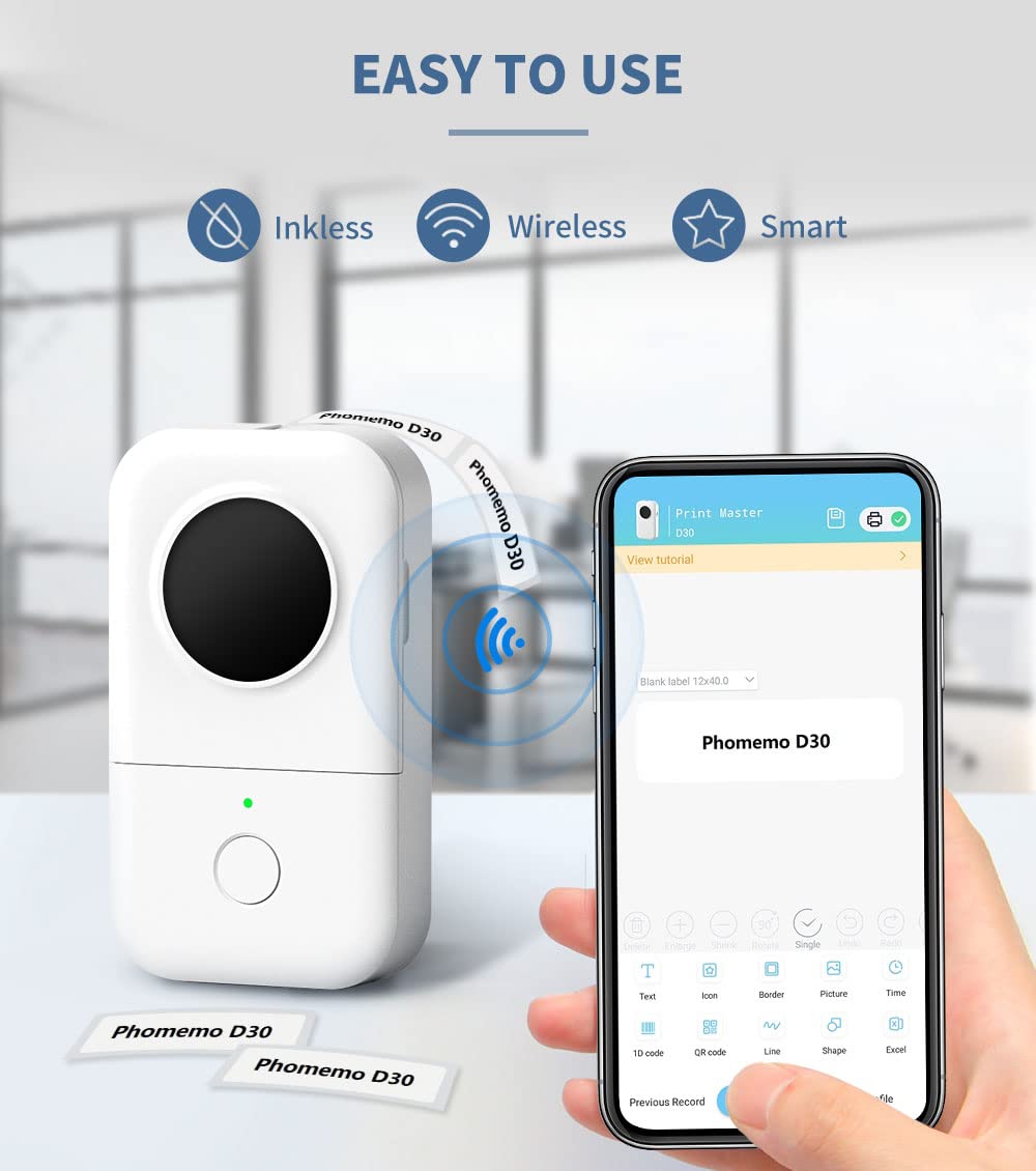 Phomemo D30 Bluetooth Label Maker - Wireless Mini Thermal Label Printer for Home & Office, Rechargeable Portable Labeling Machine Compatible with Smartphones & Tablets | Organize Storage, Pantry, Files & More