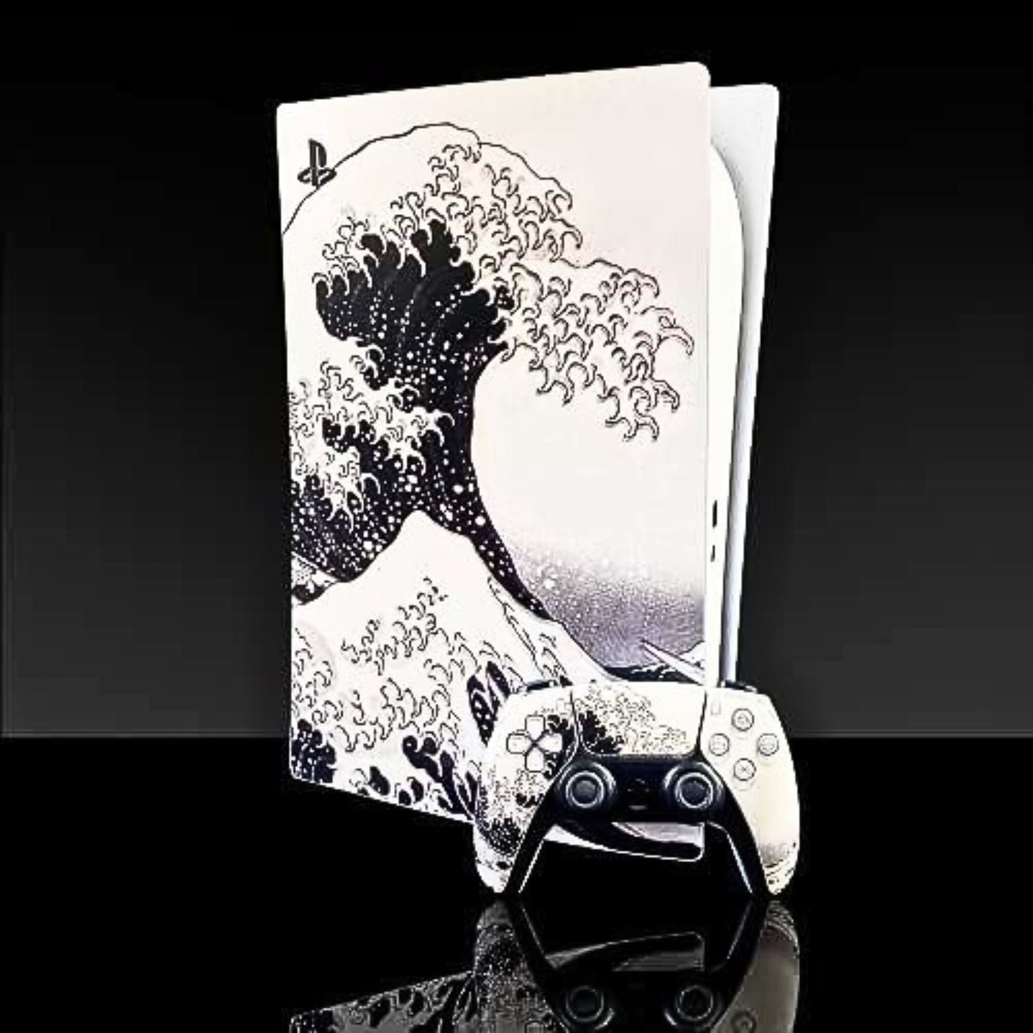 BelugaDesign PS5 Wave Japanese Skin - Great Kanagawa Vinyl Cover Wrap Sticker Full Set for Sony PlayStation 5 (PS5 Disc Edition) - Compatible with Black & White Console & Controller | Anime Gaming Decoration for Home Entertainment Setup