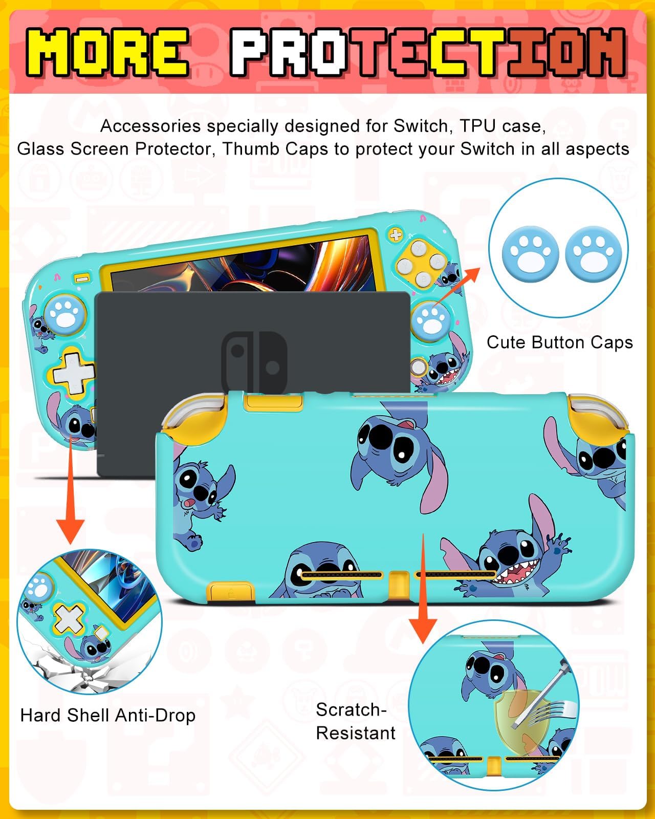 7-in-1 Nintendo Switch Lite Accessories Kit with Travel Case, Protective Cover, Game Holder, Strap, Stickers & Thumb Grips - Cute Shell Design for Boys, Girls & Kids - Perfect for Gaming On-The-Go, Travel Protection & Gift Giving